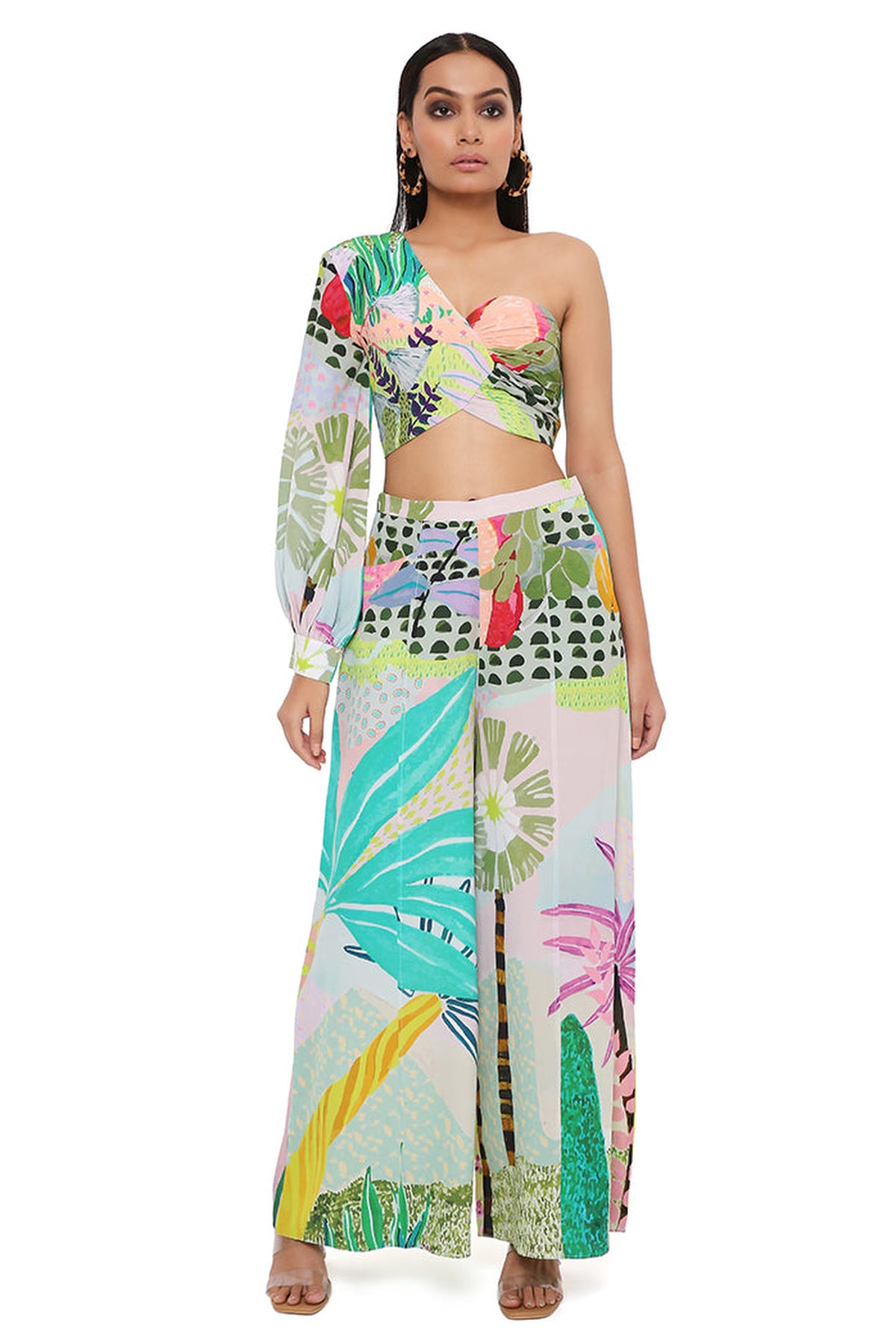 TROPICAL PRINT CREPE ONE SHOULDER TOP WITH PALAZZO
