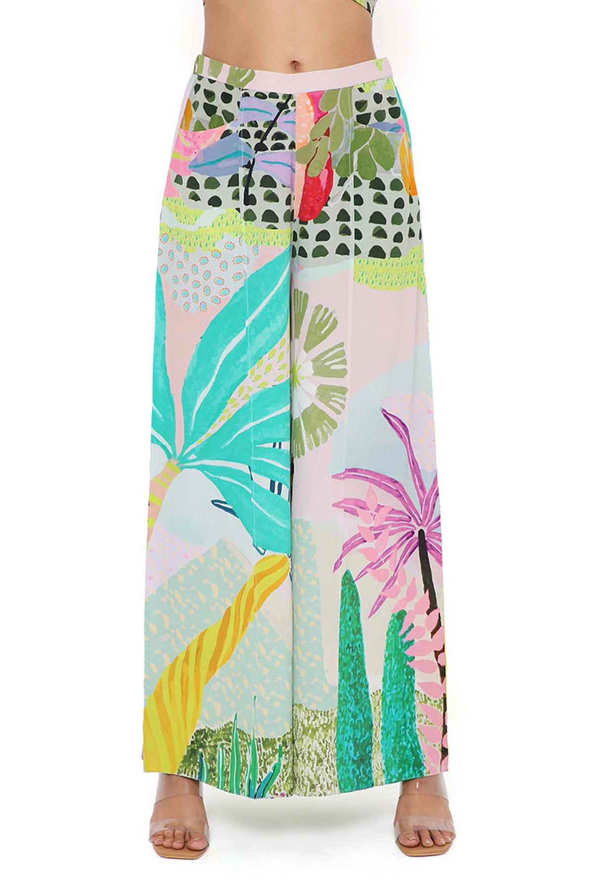 TROPICAL PRINT CREPE ONE SHOULDER TOP WITH PALAZZO