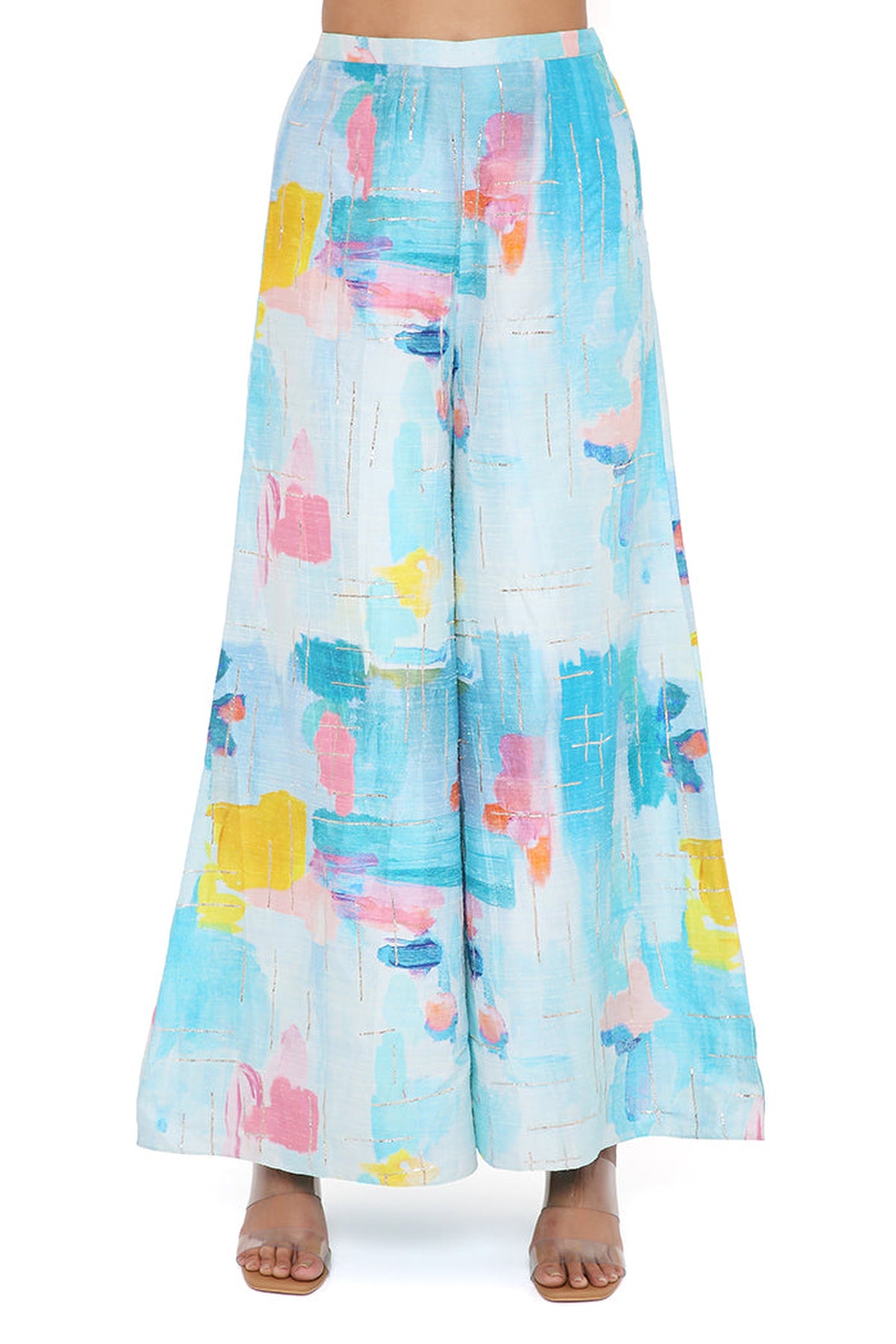 AQUA GEORGETTE EMBROIDERED BUSTIER WITH PAINTERLY DUPION SILK PRINTED EMBROIDERED PALAZZO