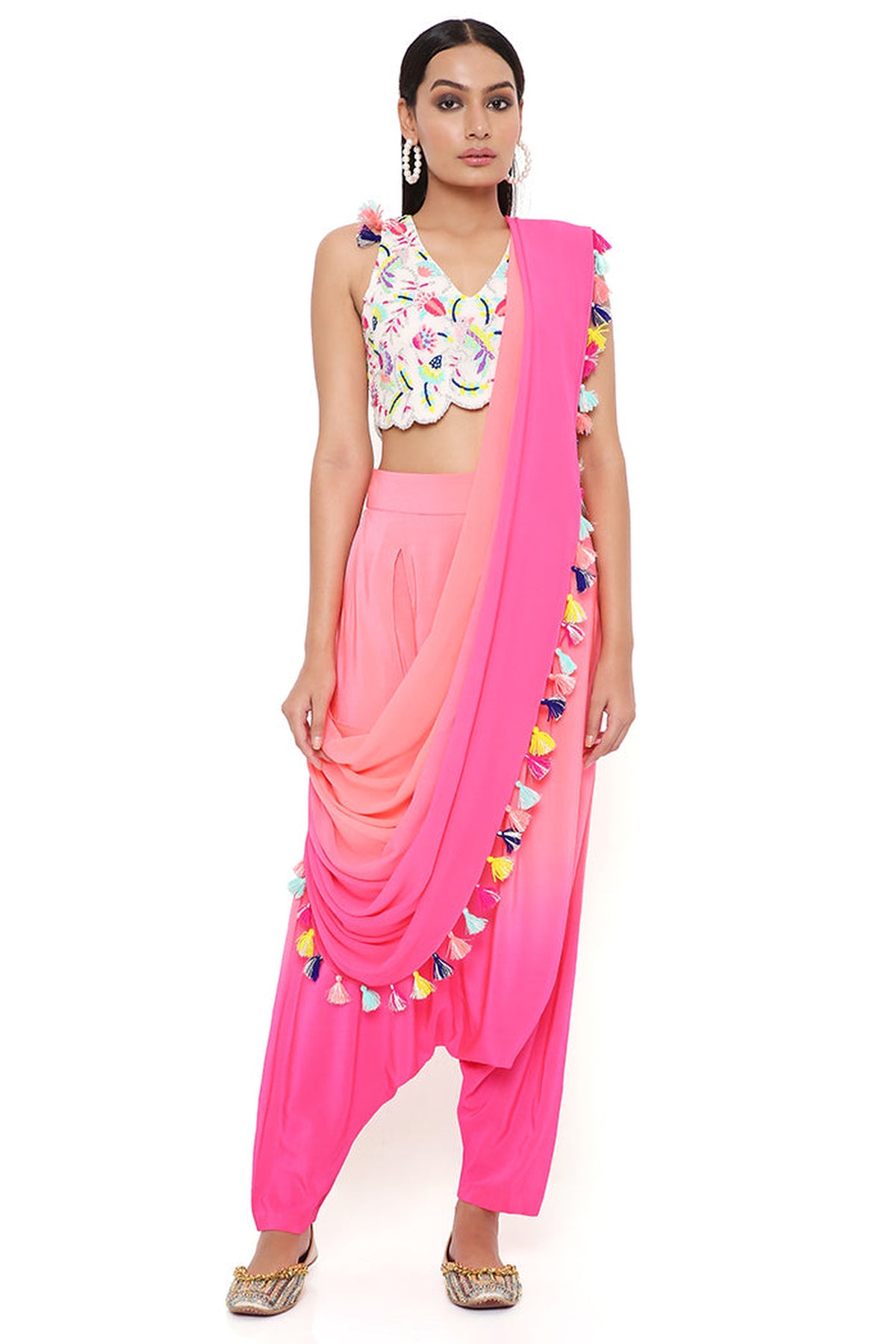 STONE GEORGETTE EMBROIDERED CHOLI WITH CORAL AND PINK CREPE SHADED LOW CROTCH AND GEORGETTE ATTACHED DRAPE