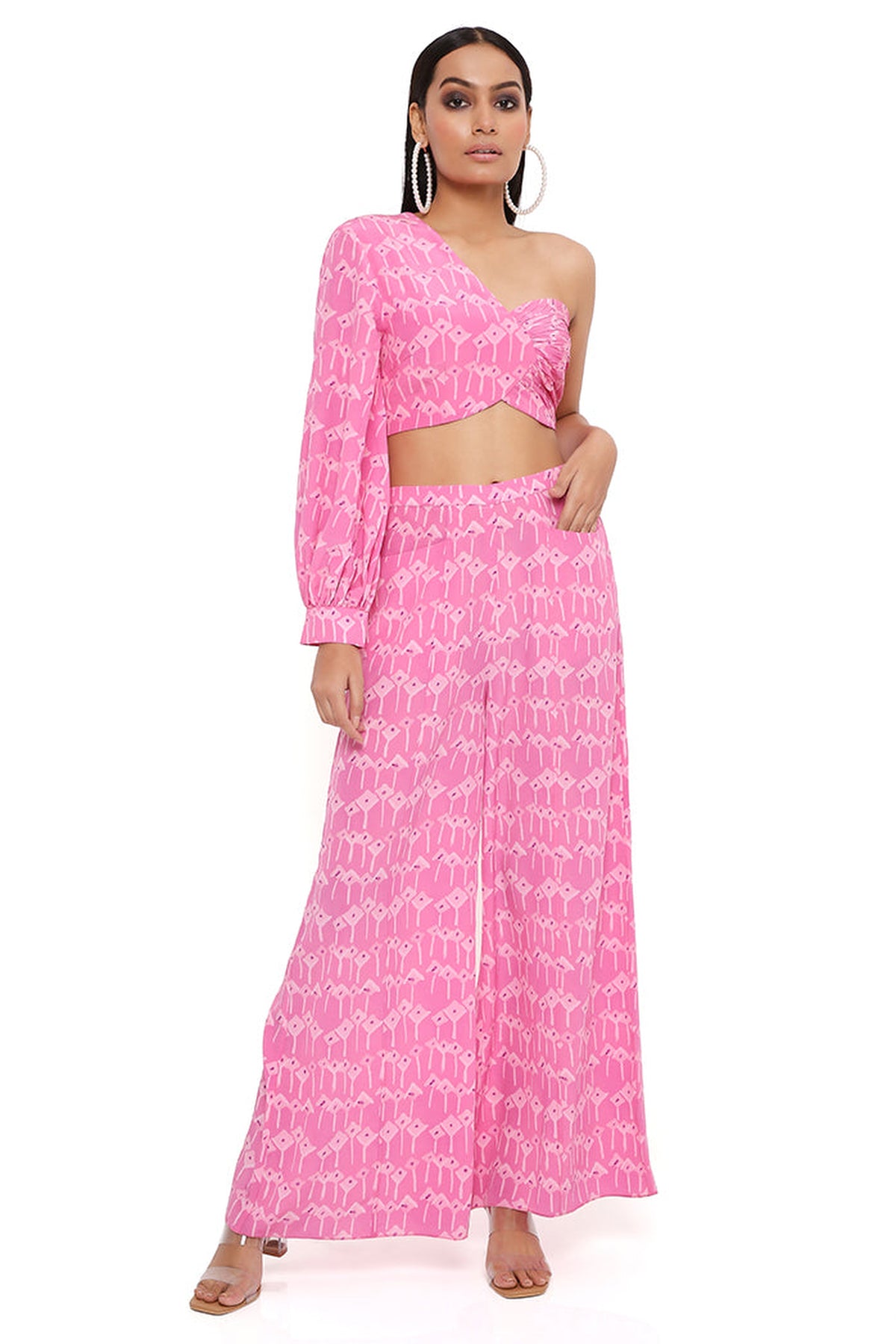 PINK KITE PRINT CREPE ONE SHOULDER TOP WITH PALAZZO