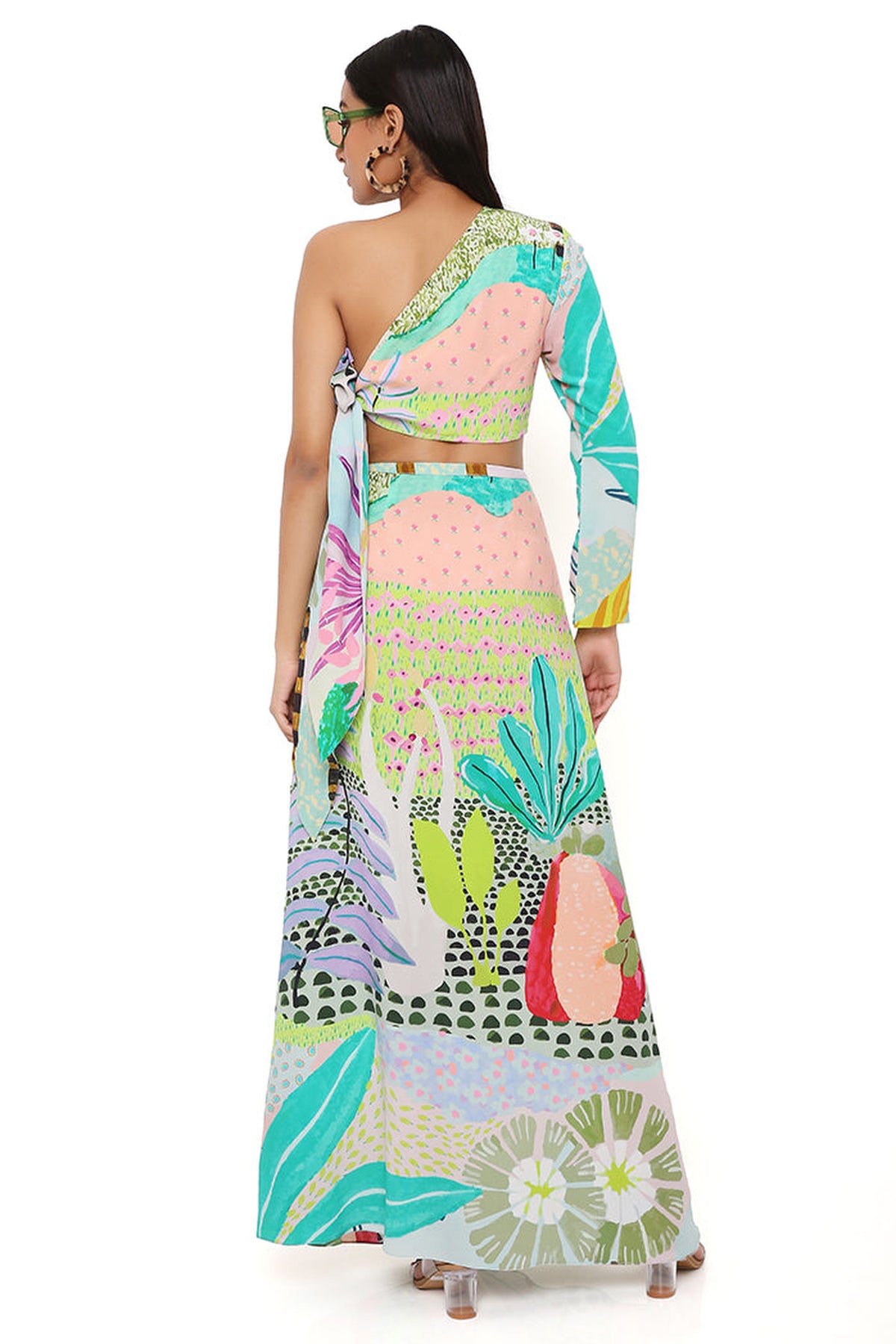 TROPICAL PRINT CREPE ONE SHOULDER TOP AND SKIRT