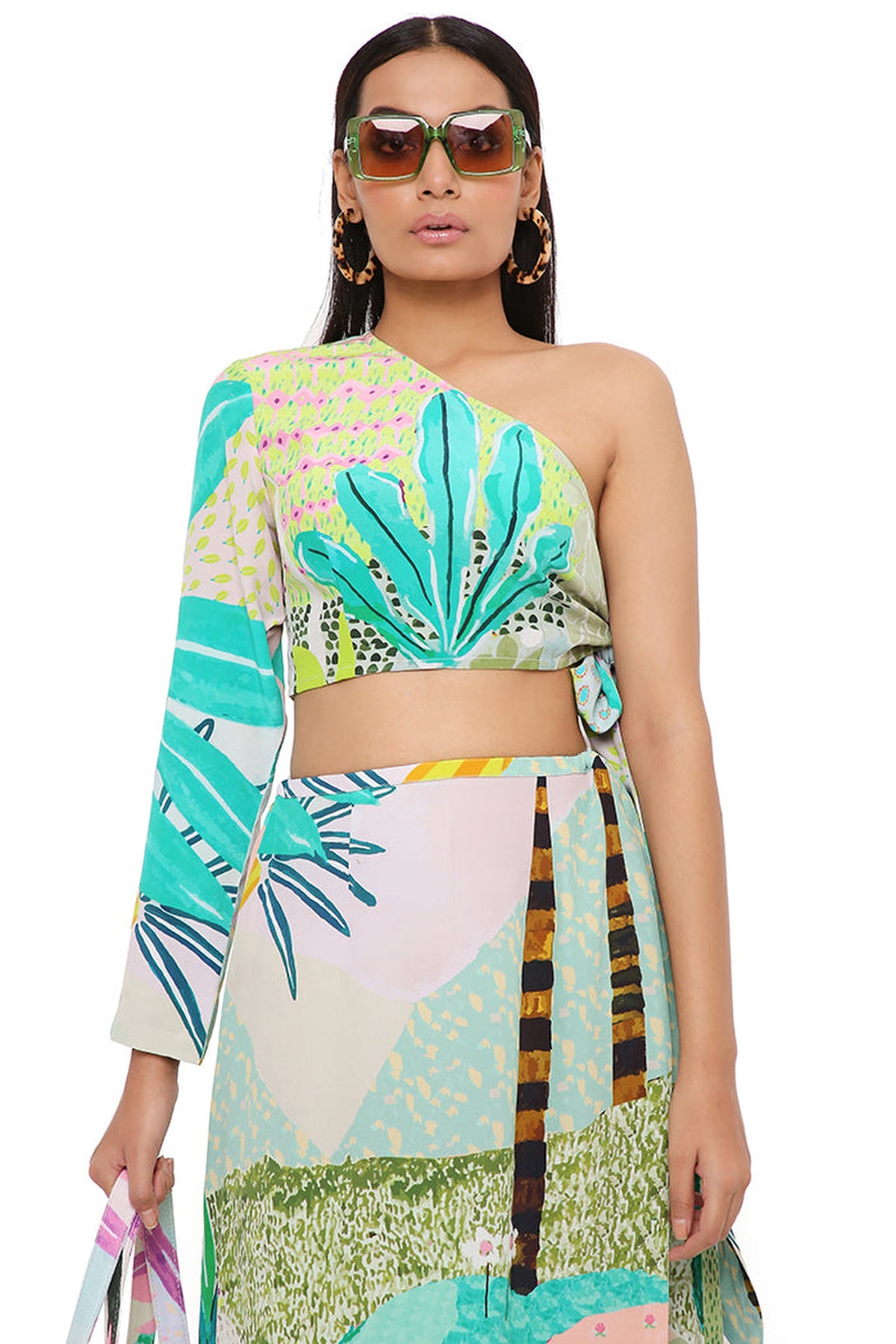 TROPICAL PRINT CREPE ONE SHOULDER TOP AND SKIRT
