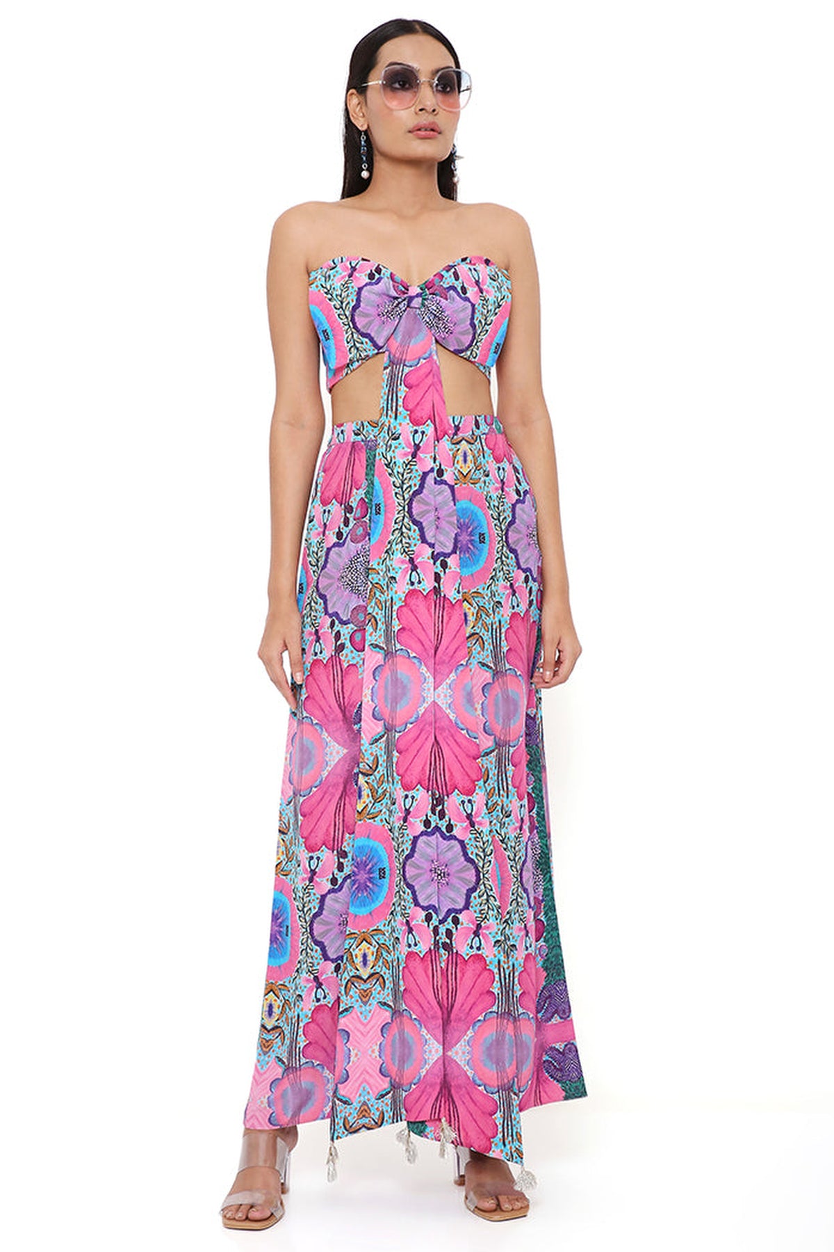 PINK ENCHANTED PRINT CREPE BOW TUBE AND PALAZZO PANT