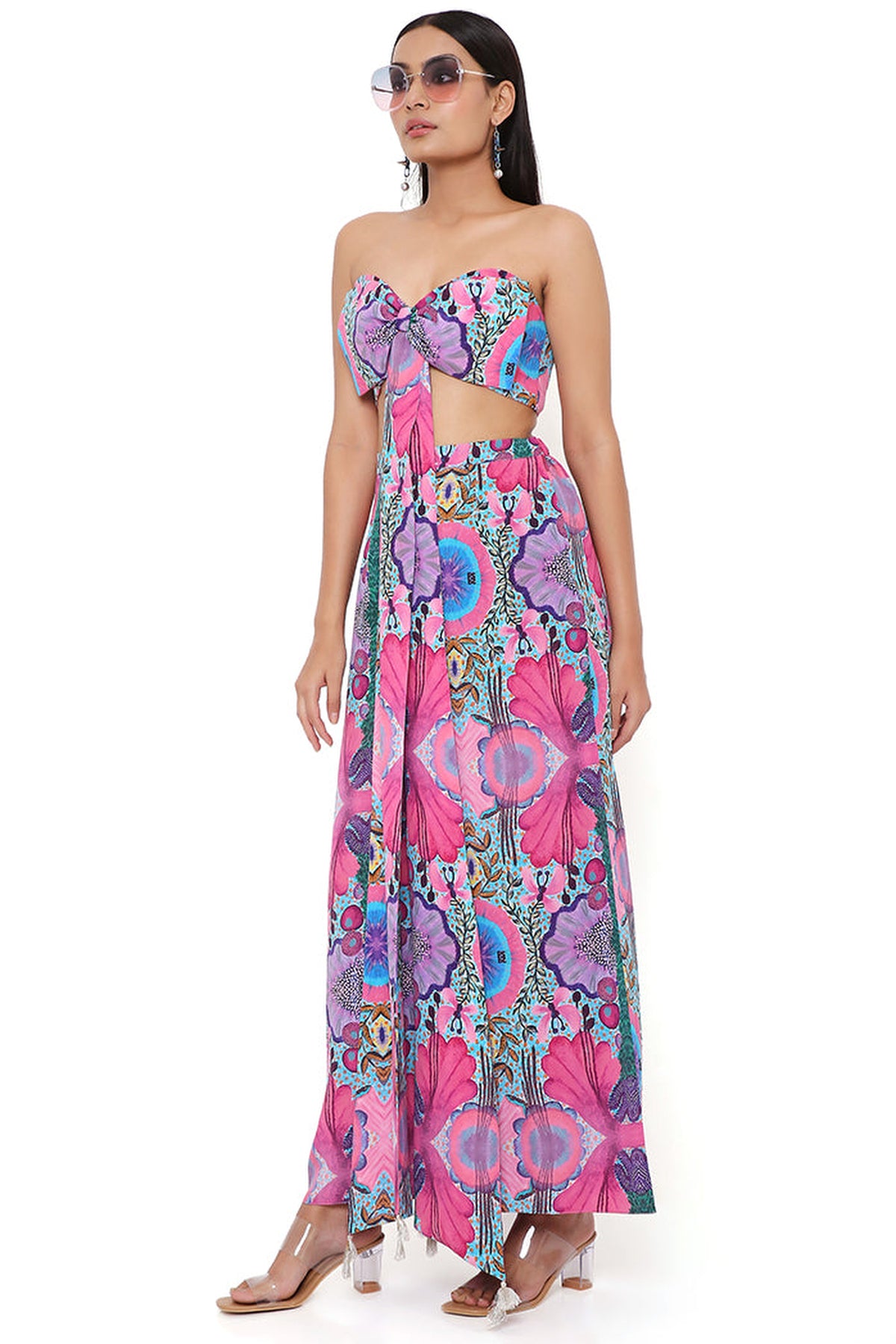 PINK ENCHANTED PRINT CREPE BOW TUBE AND PALAZZO PANT