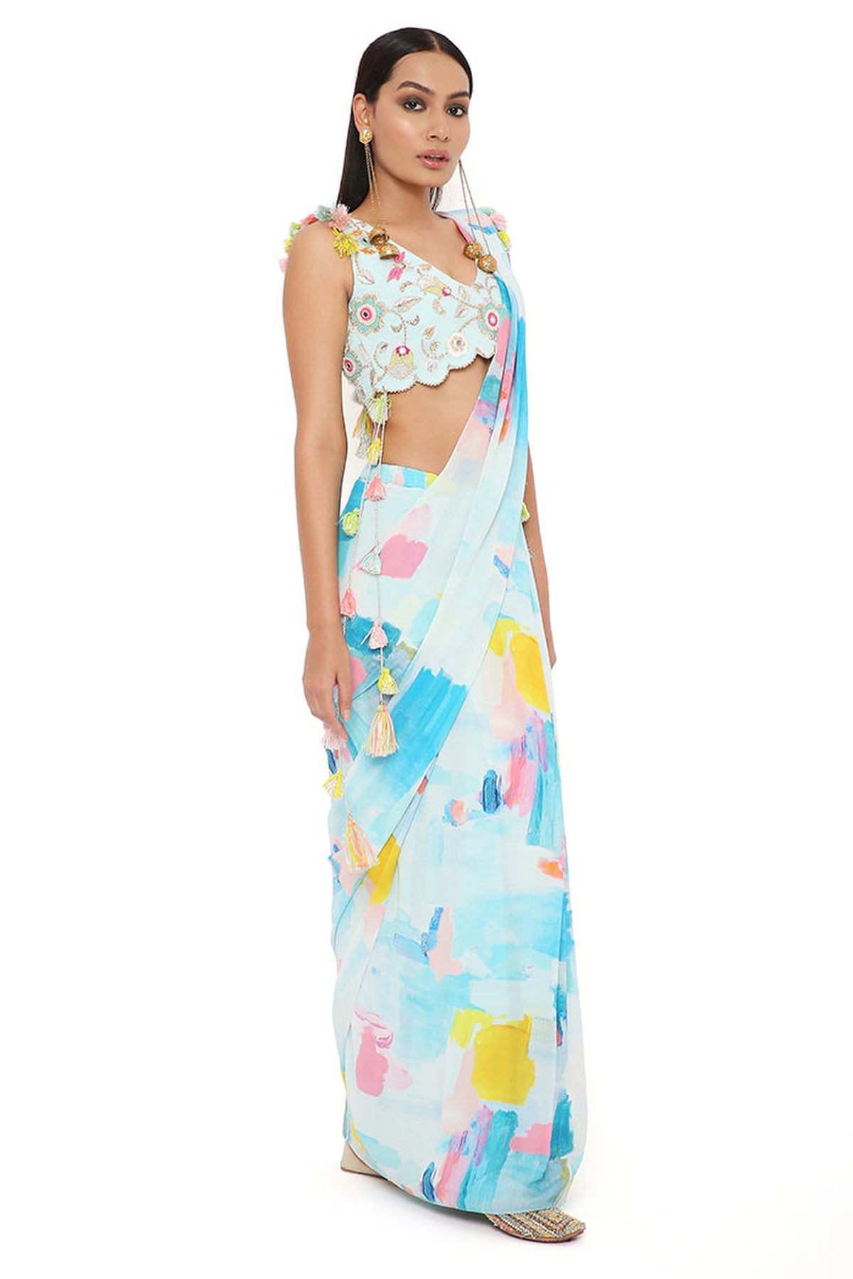 AQUA COLOR GEORGETTE SPRING EMBRODIERED CHOLI WITH PAINTERLY GEORGETTE PRINTED PRE-STITCHED SAREE