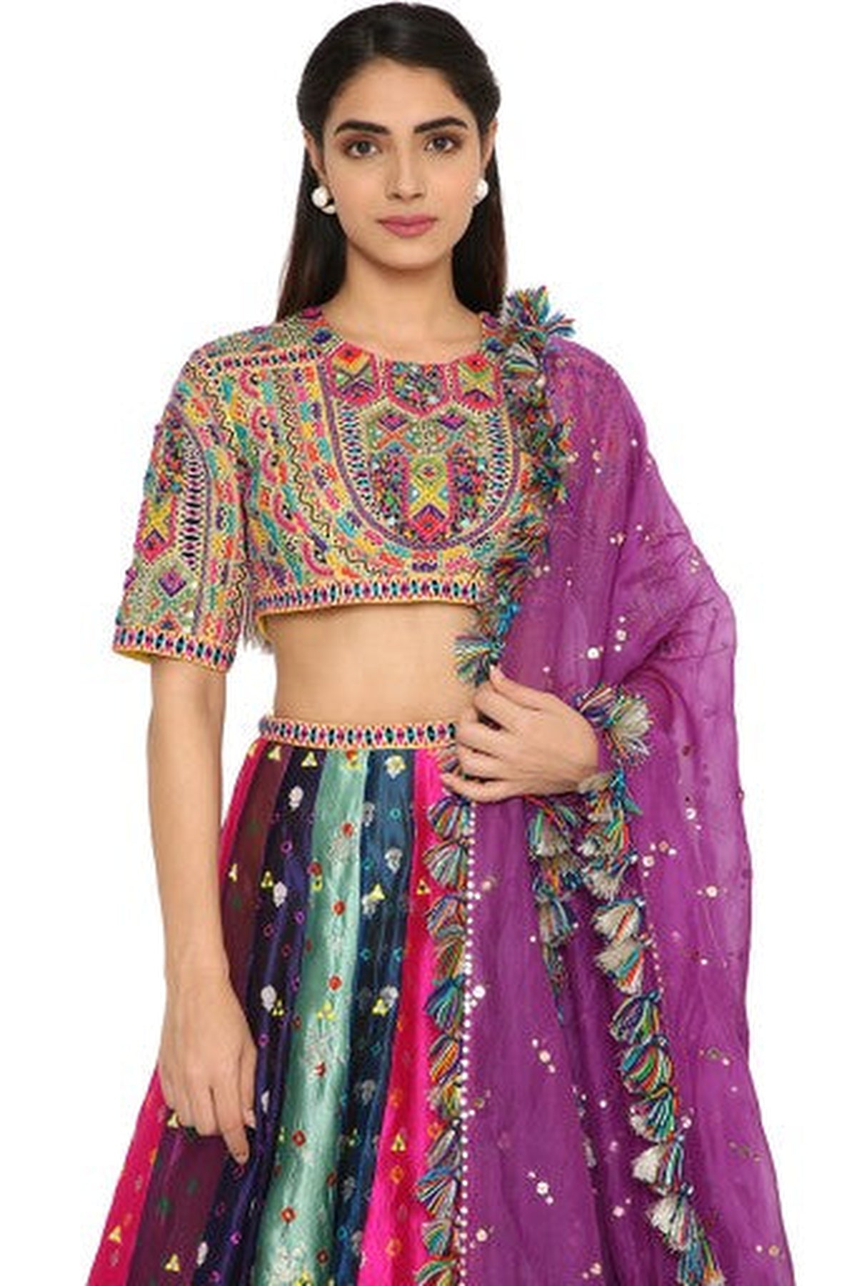 Tiana Yellow Colour Embroidered Choli With Multi Colour Bandhani Lehenga With Purple Mukaish Organza Dupatta With Tassels
