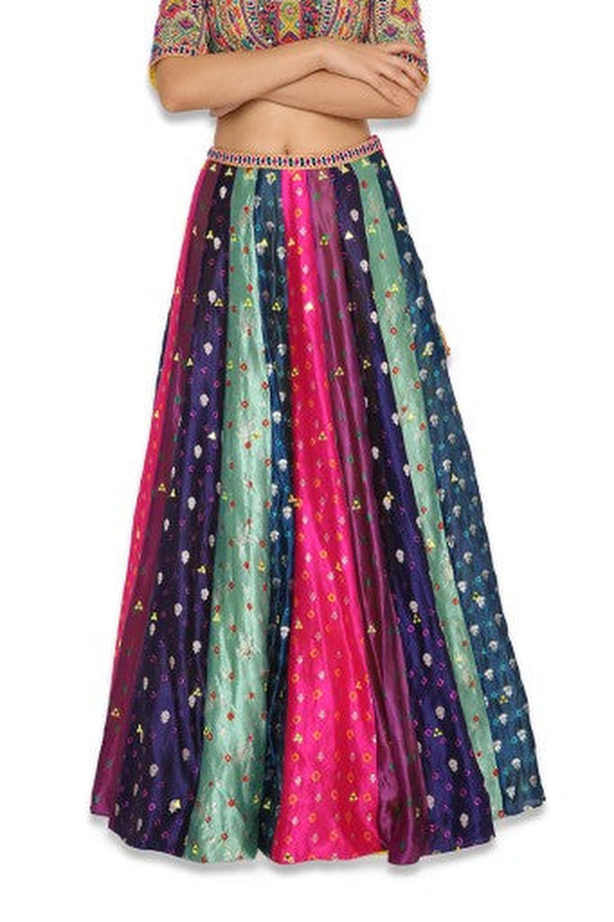 Tiana Yellow Colour Embroidered Choli With Multi Colour Bandhani Lehenga With Purple Mukaish Organza Dupatta With Tassels