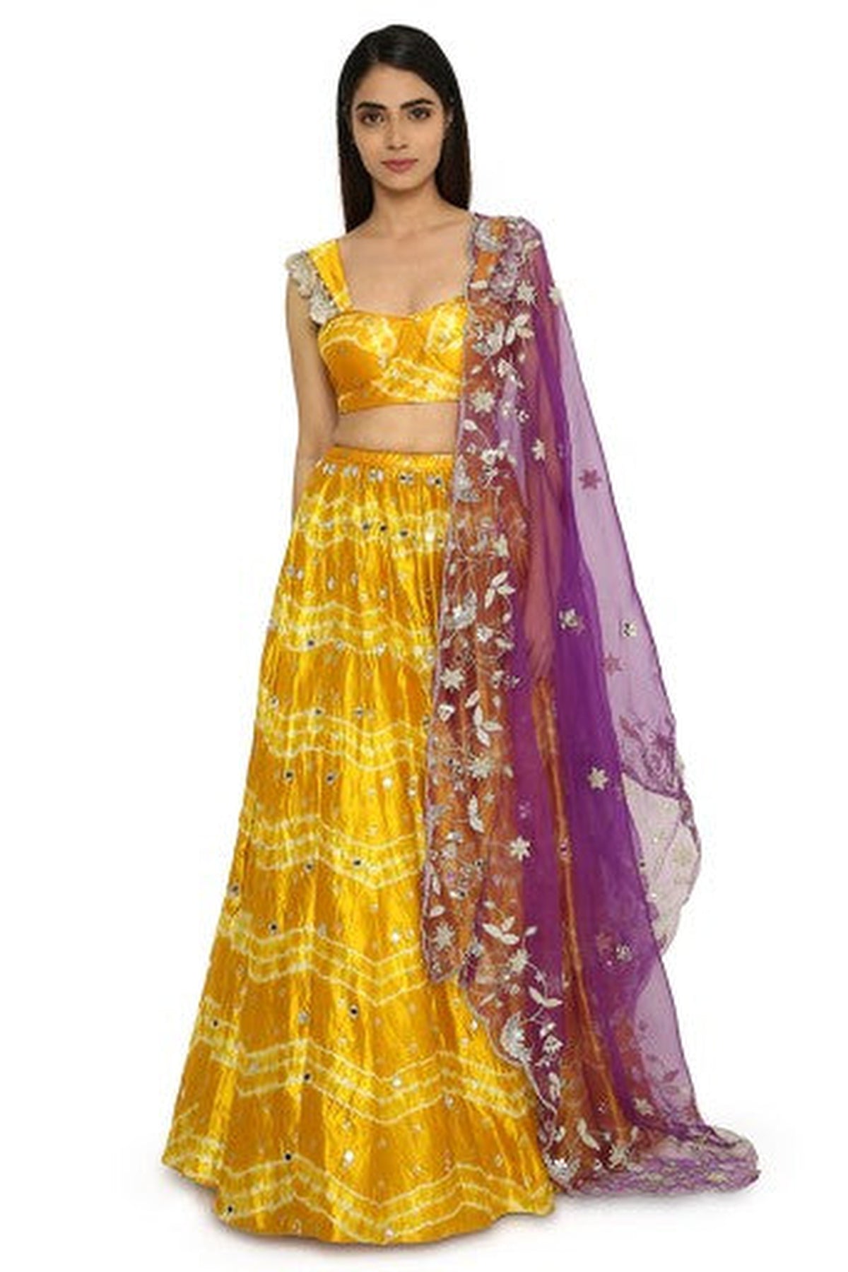 Daksha Mustard Colour Leheriya Silk Bustier With Embroidered Lehenga And Purple Organza Dupatta