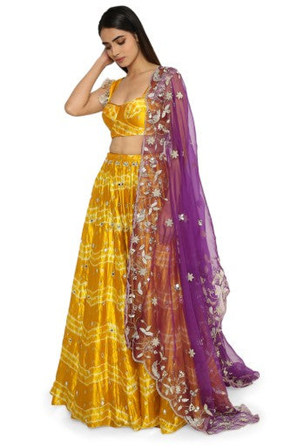 Daksha Mustard Colour Leheriya Silk Bustier With Embroidered Lehenga And Purple Organza Dupatta