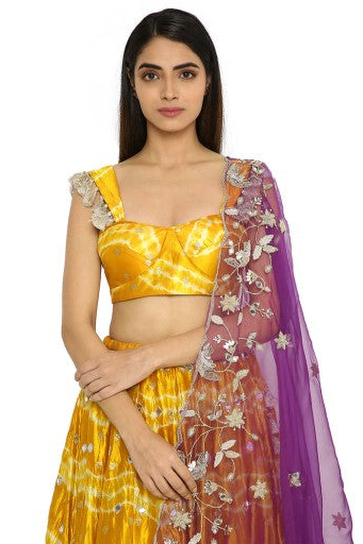 Daksha Mustard Colour Leheriya Silk Bustier With Embroidered Lehenga And Purple Organza Dupatta
