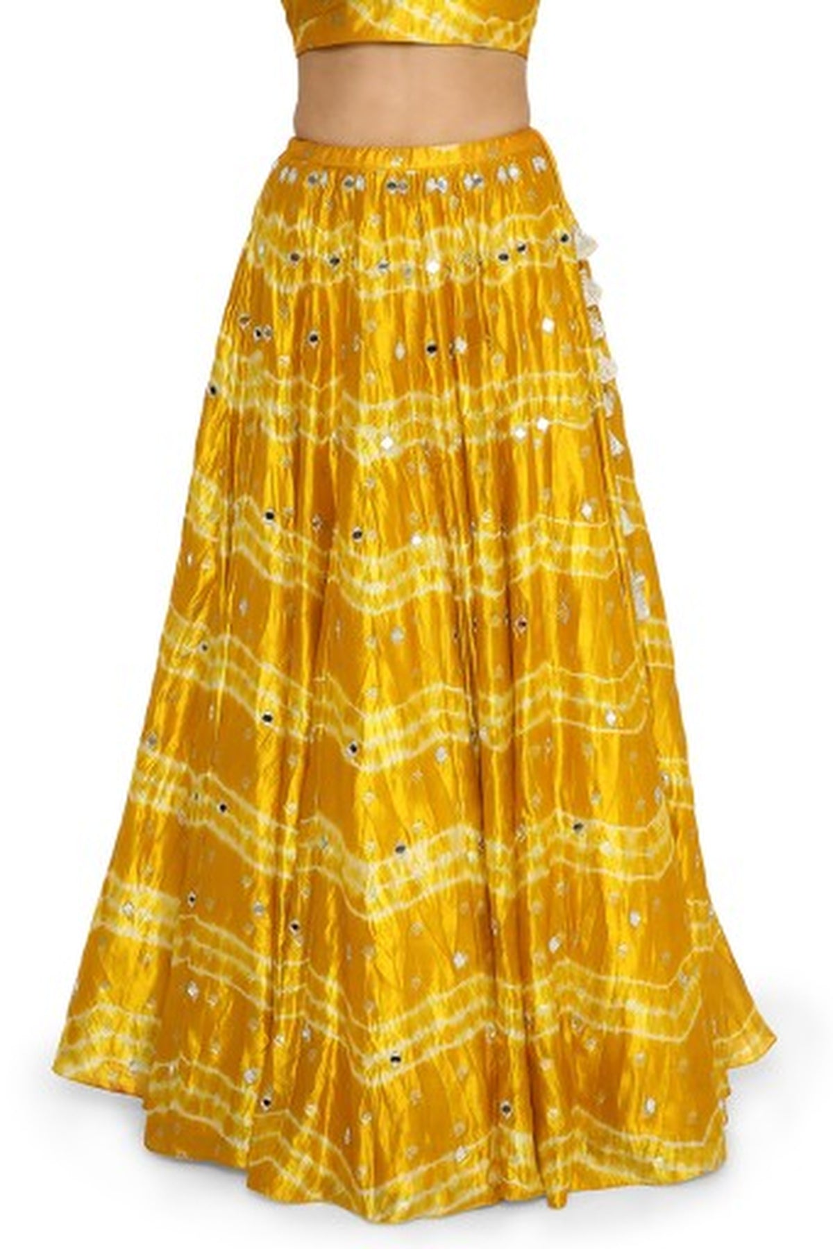 Daksha Mustard Colour Leheriya Silk Bustier With Embroidered Lehenga And Purple Organza Dupatta