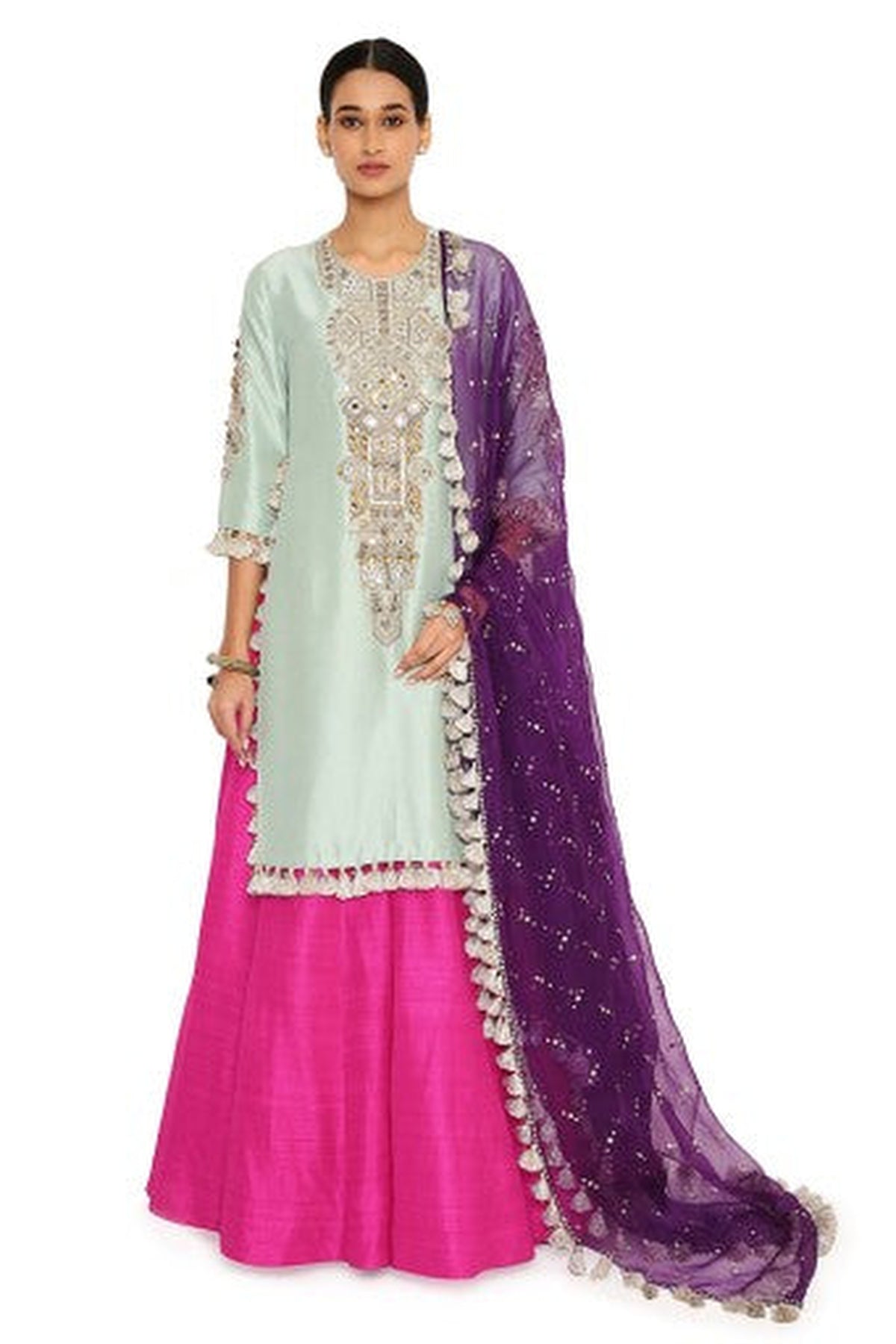 Eshma Powder Blue Colour Silk Embroidered Kurta With Pink Lehenga And Purple Organza Dupatta