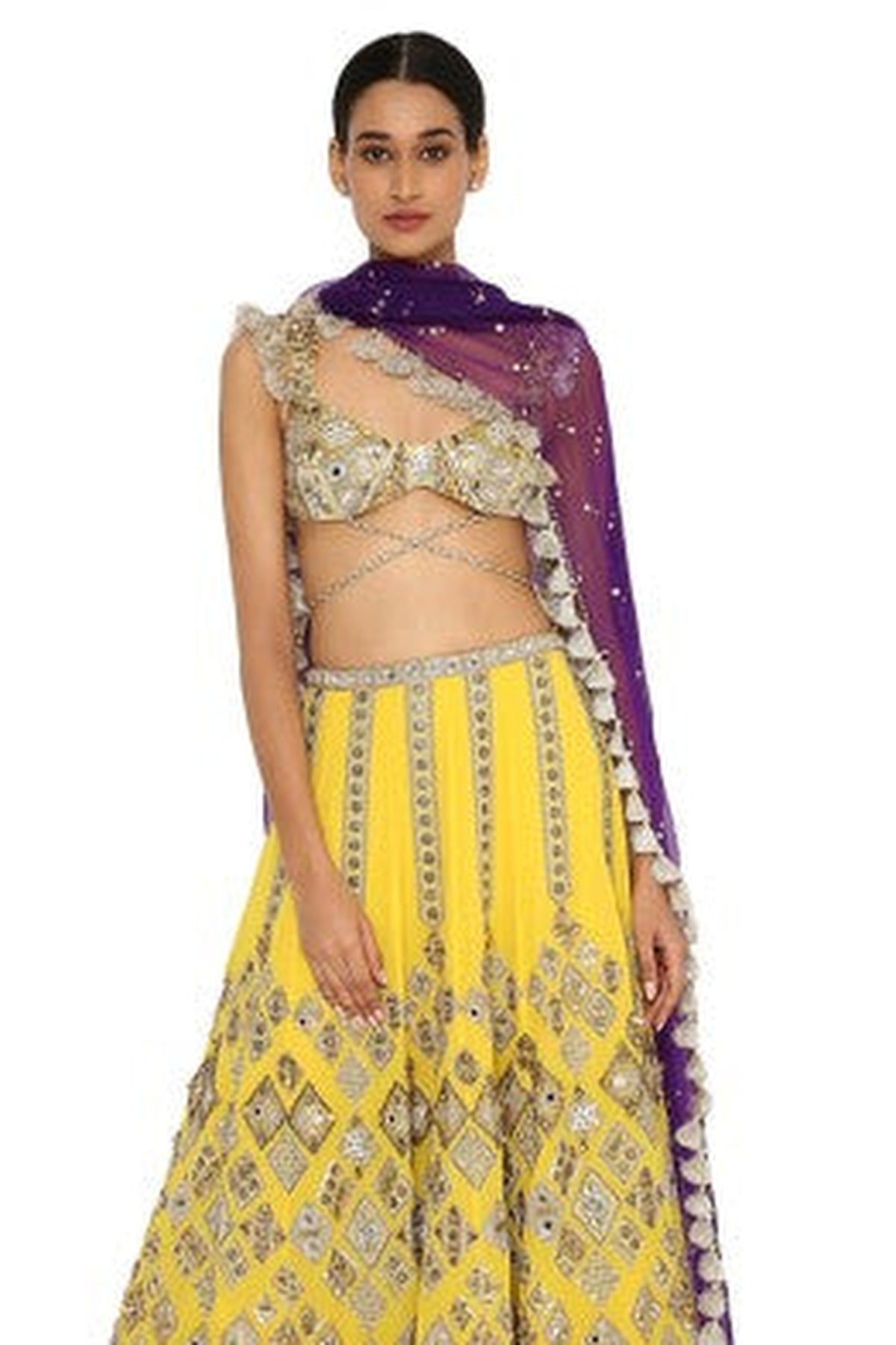 Zinnia Yellow Colour Georgette Embroidered Choli With Lehenga And Purple Organza Dupatta