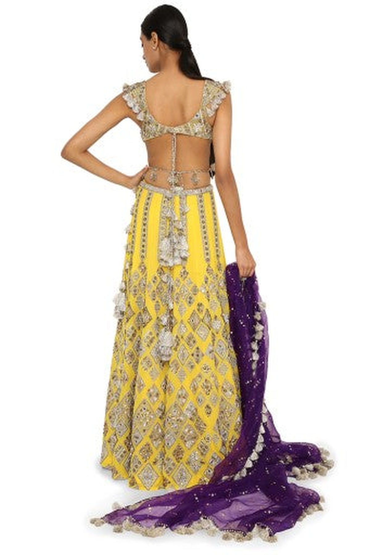 Zinnia Yellow Colour Georgette Embroidered Choli With Lehenga And Purple Organza Dupatta