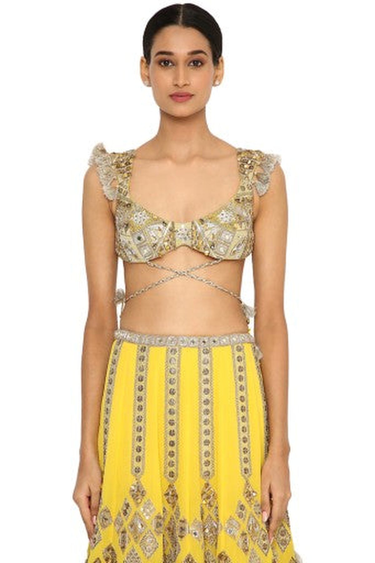 Zinnia Yellow Colour Georgette Embroidered Choli With Lehenga And Purple Organza Dupatta