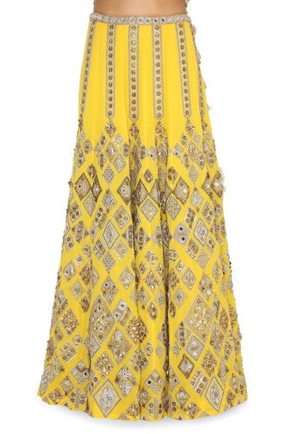Zinnia Yellow Colour Georgette Embroidered Choli With Lehenga And Purple Organza Dupatta