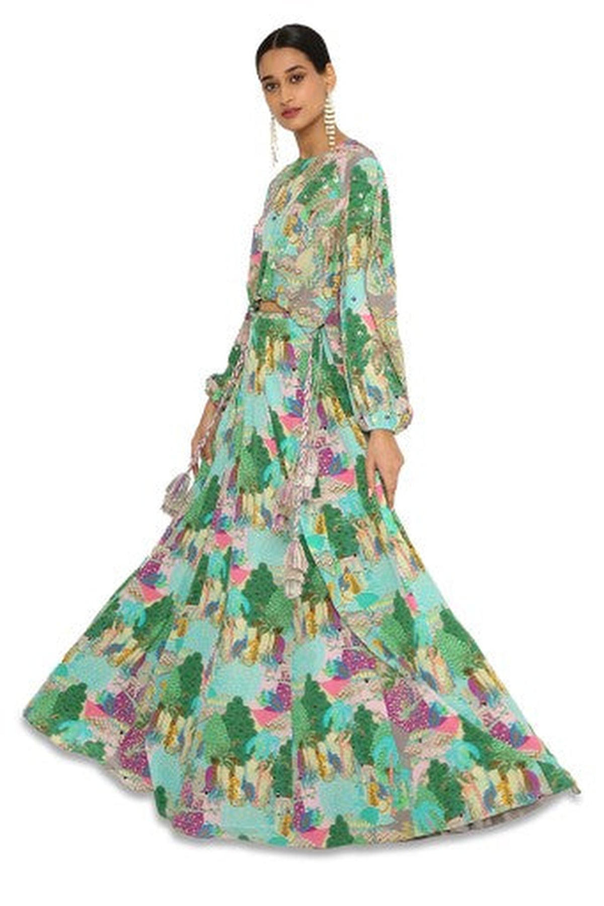 GISELLE GREY COLOUR KUNO PRINT EMBROIDERED DRAWSTRING TOP WITH LEHENGA