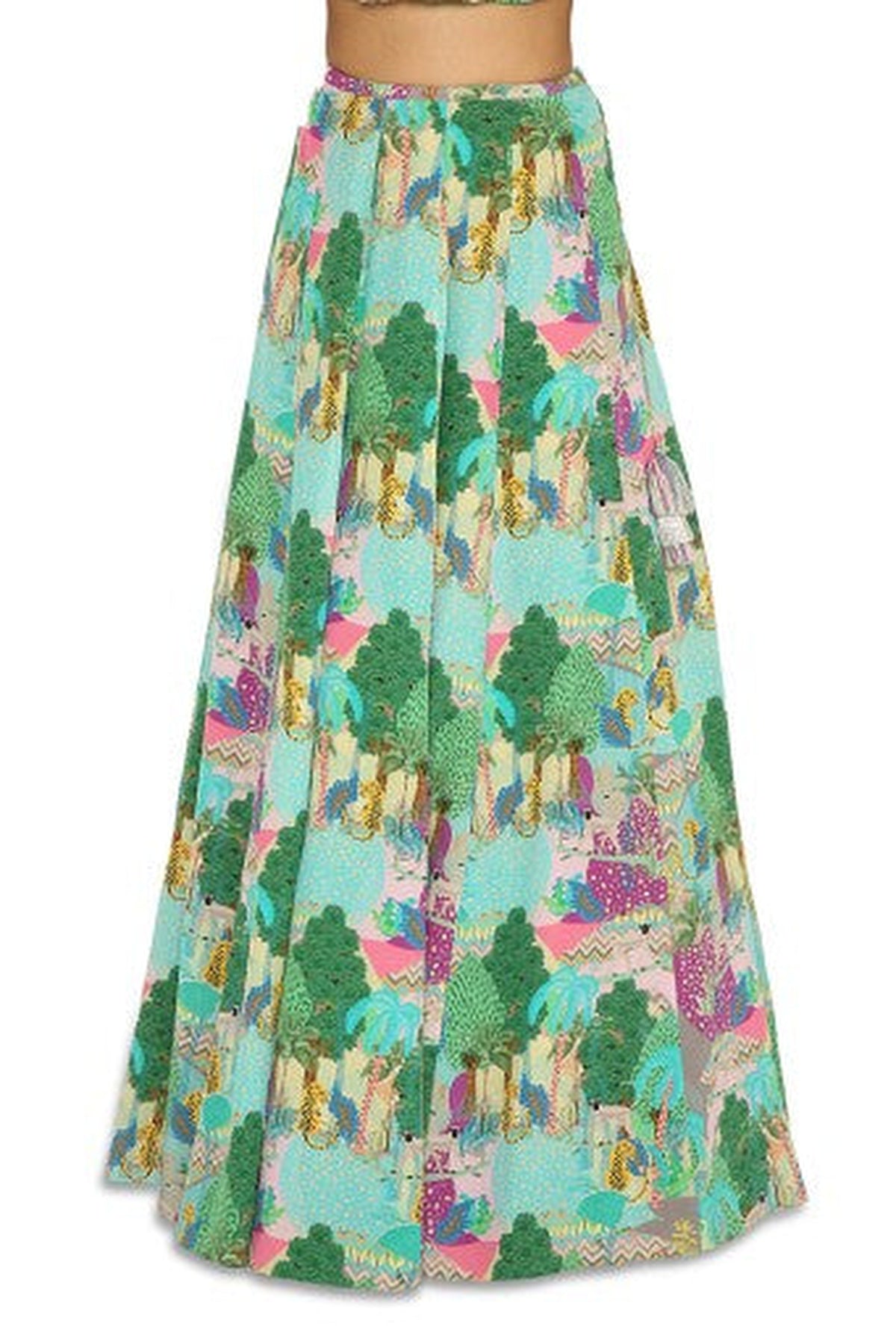 GISELLE GREY COLOUR KUNO PRINT EMBROIDERED DRAWSTRING TOP WITH LEHENGA