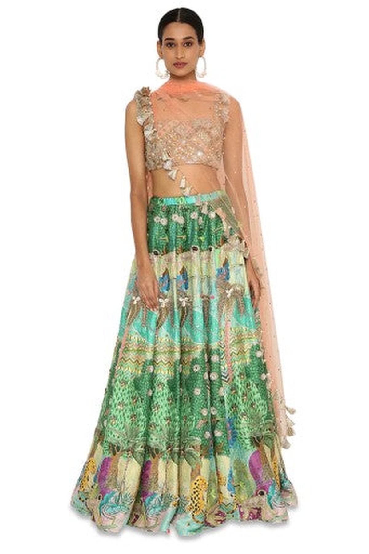 Ruba Peach Colour Embroidered Bustier With Printed Dupion Embroidered Lehenga With Peach Colour Dupatta