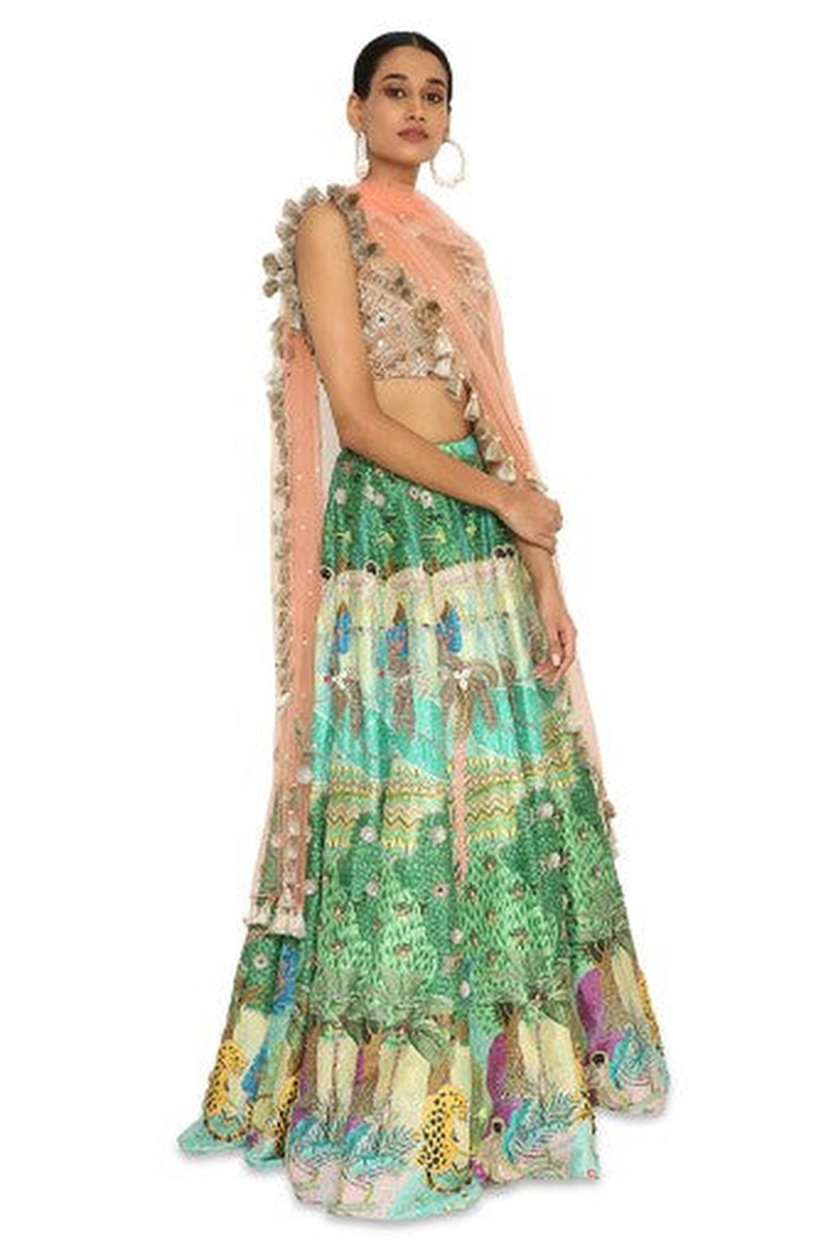 Ruba Peach Colour Embroidered Bustier With Printed Dupion Embroidered Lehenga With Peach Colour Dupatta