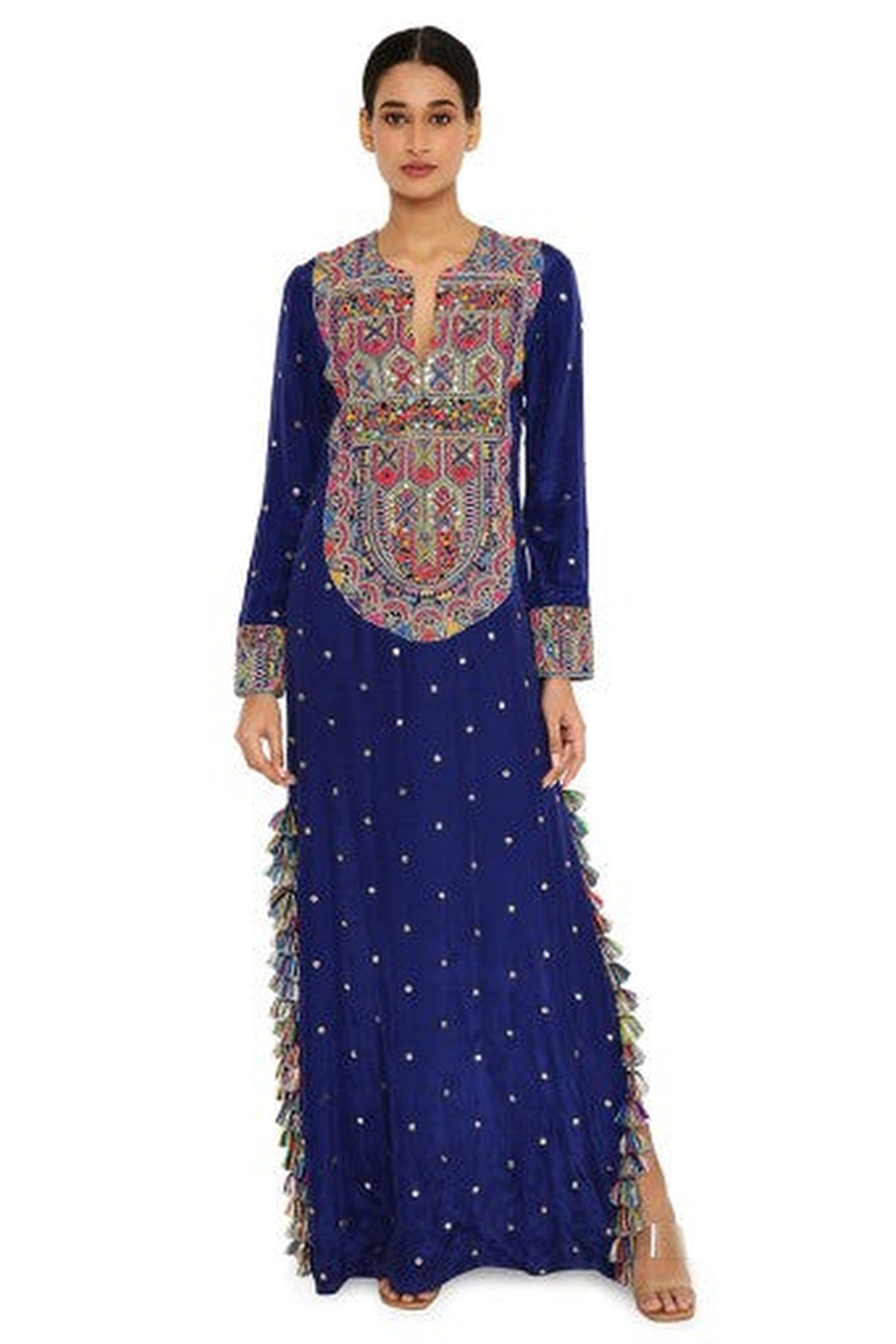 Adira Midnight Blue Colour Mukaish Silk Embroidered Kaftan