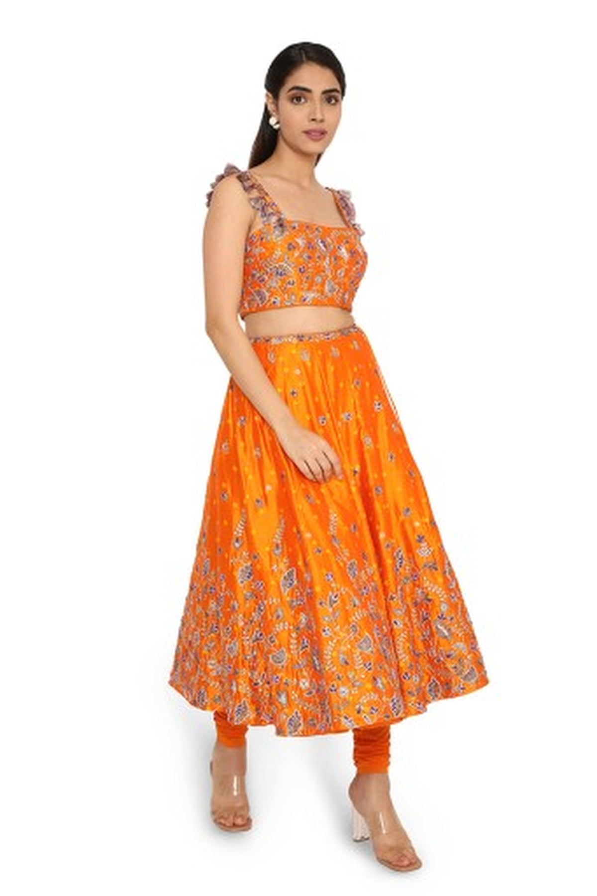 Lisa Orange Bandhani Embroidered Choli And Skirt With Attached Soft Net Churidar
