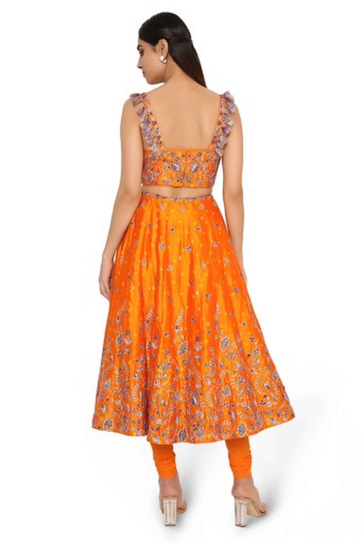 Lisa Orange Bandhani Embroidered Choli And Skirt With Attached Soft Net Churidar