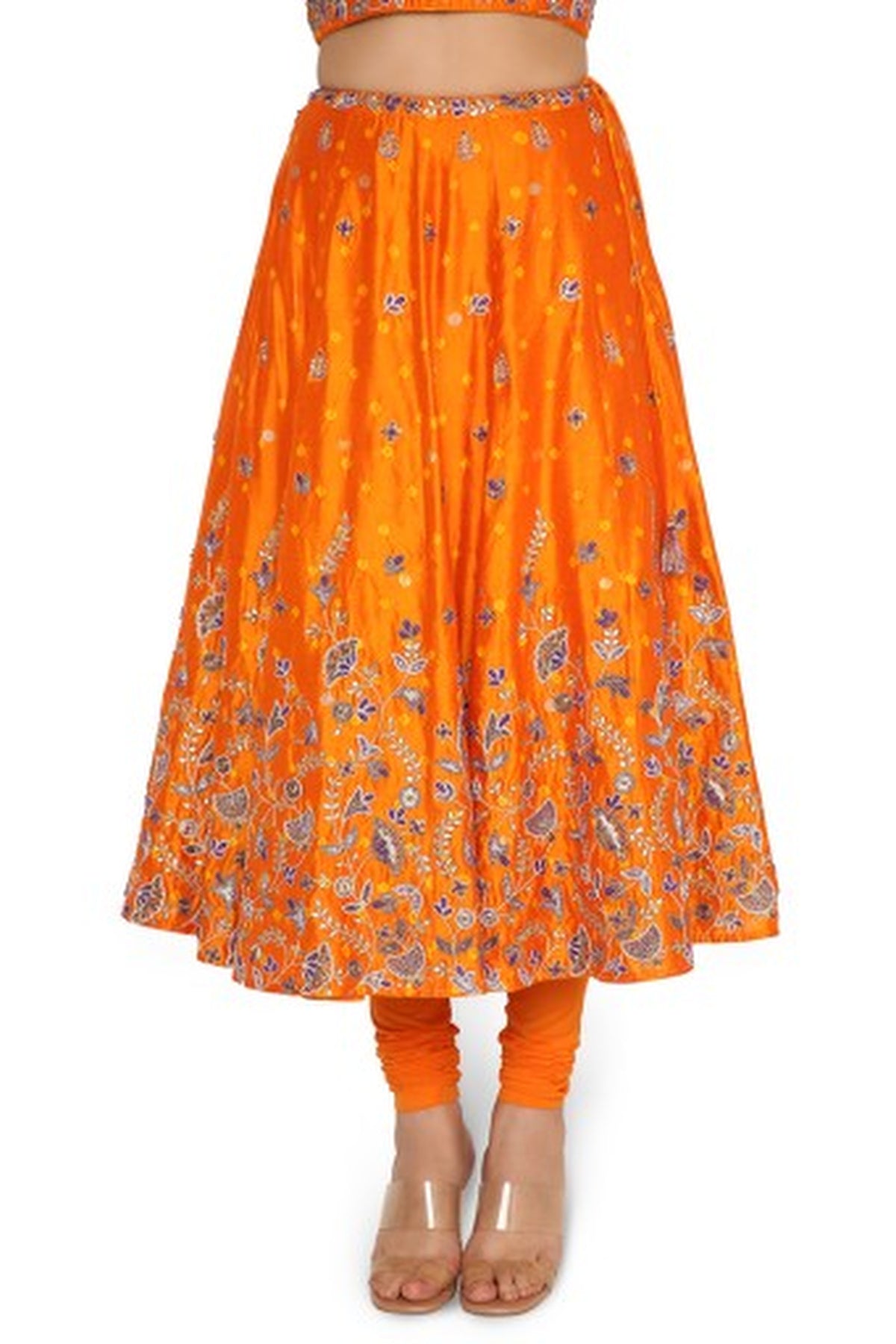 Lisa Orange Bandhani Embroidered Choli And Skirt With Attached Soft Net Churidar