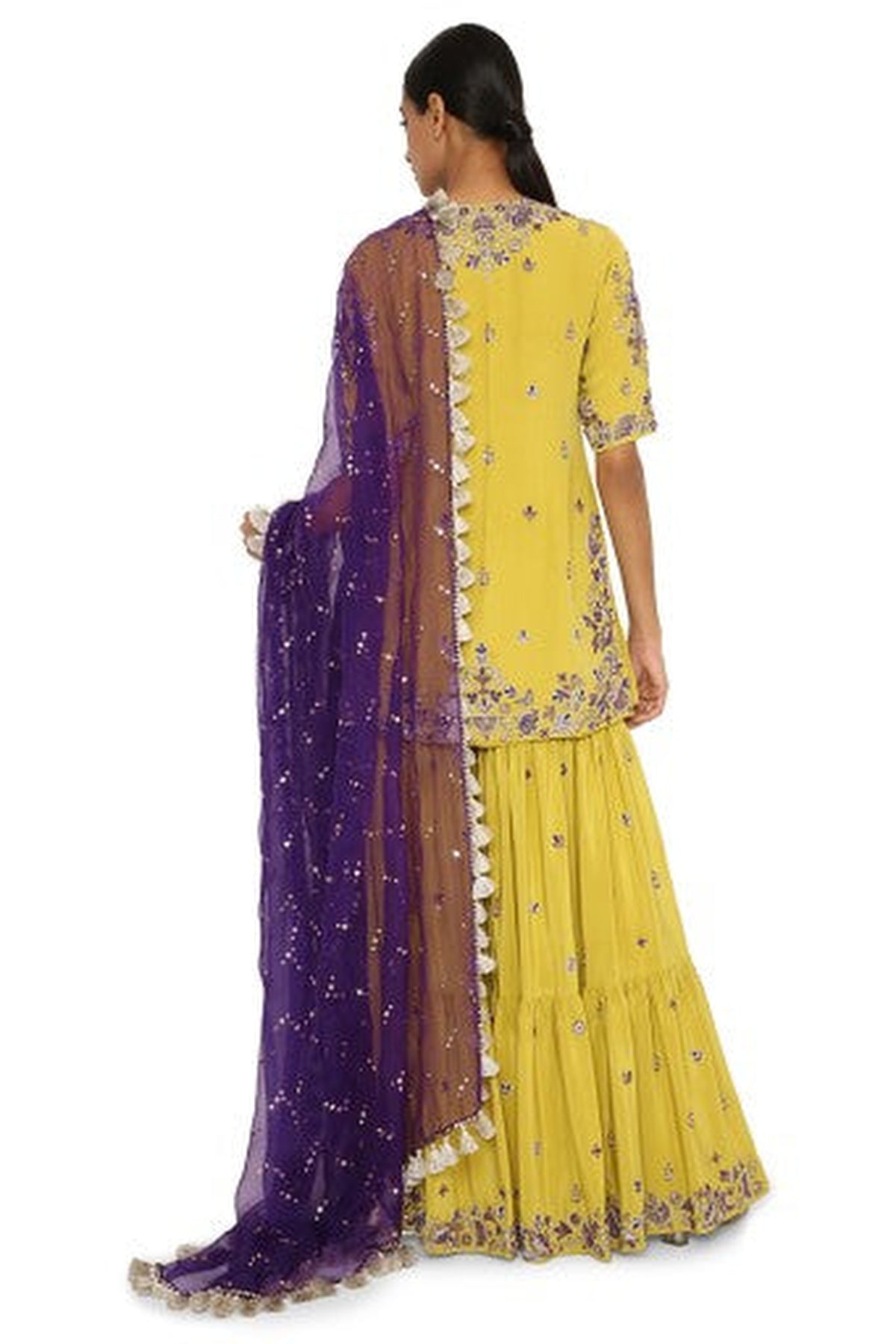 Imani Lime Green Colour Embroidered Kurta And Sharara With Purple Organza Dupatta