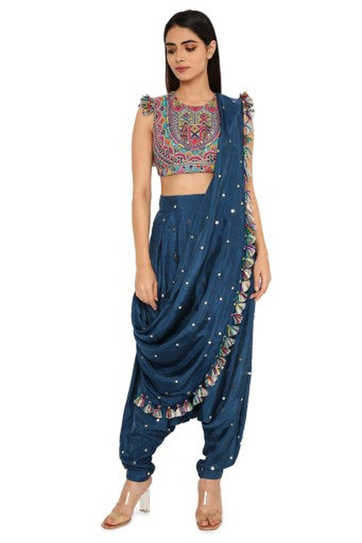 Maori Midnight Blue Colour Embroidered Choli With Mukaish Silk Low Crotch Pants With Attached Drape