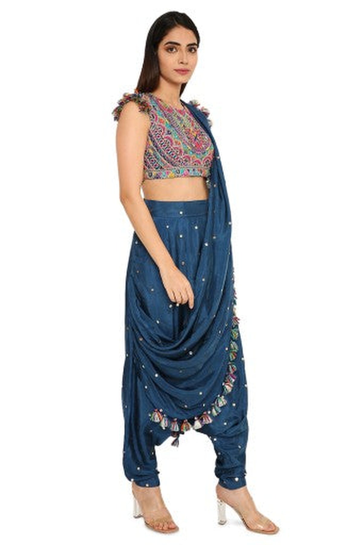 Maori Midnight Blue Colour Embroidered Choli With Mukaish Silk Low Crotch Pants With Attached Drape