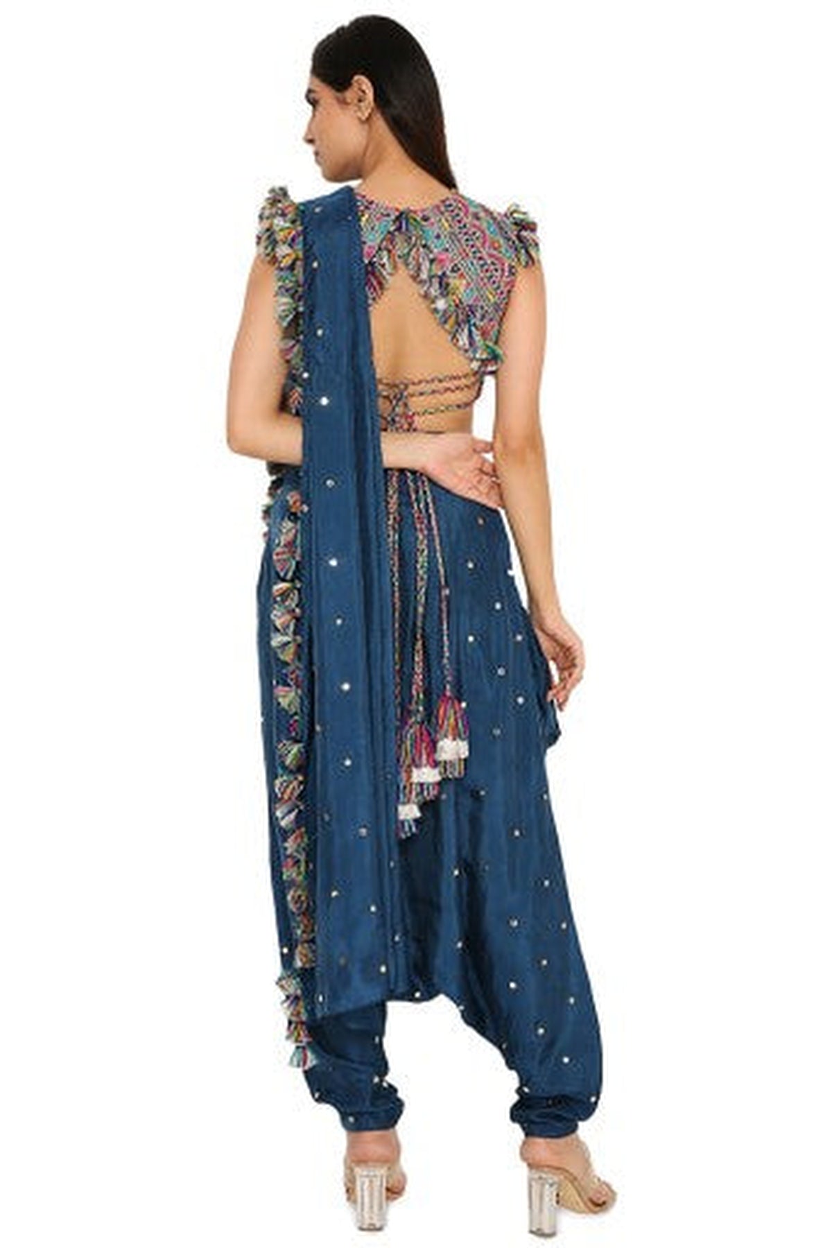 Maori Midnight Blue Colour Embroidered Choli With Mukaish Silk Low Crotch Pants With Attached Drape
