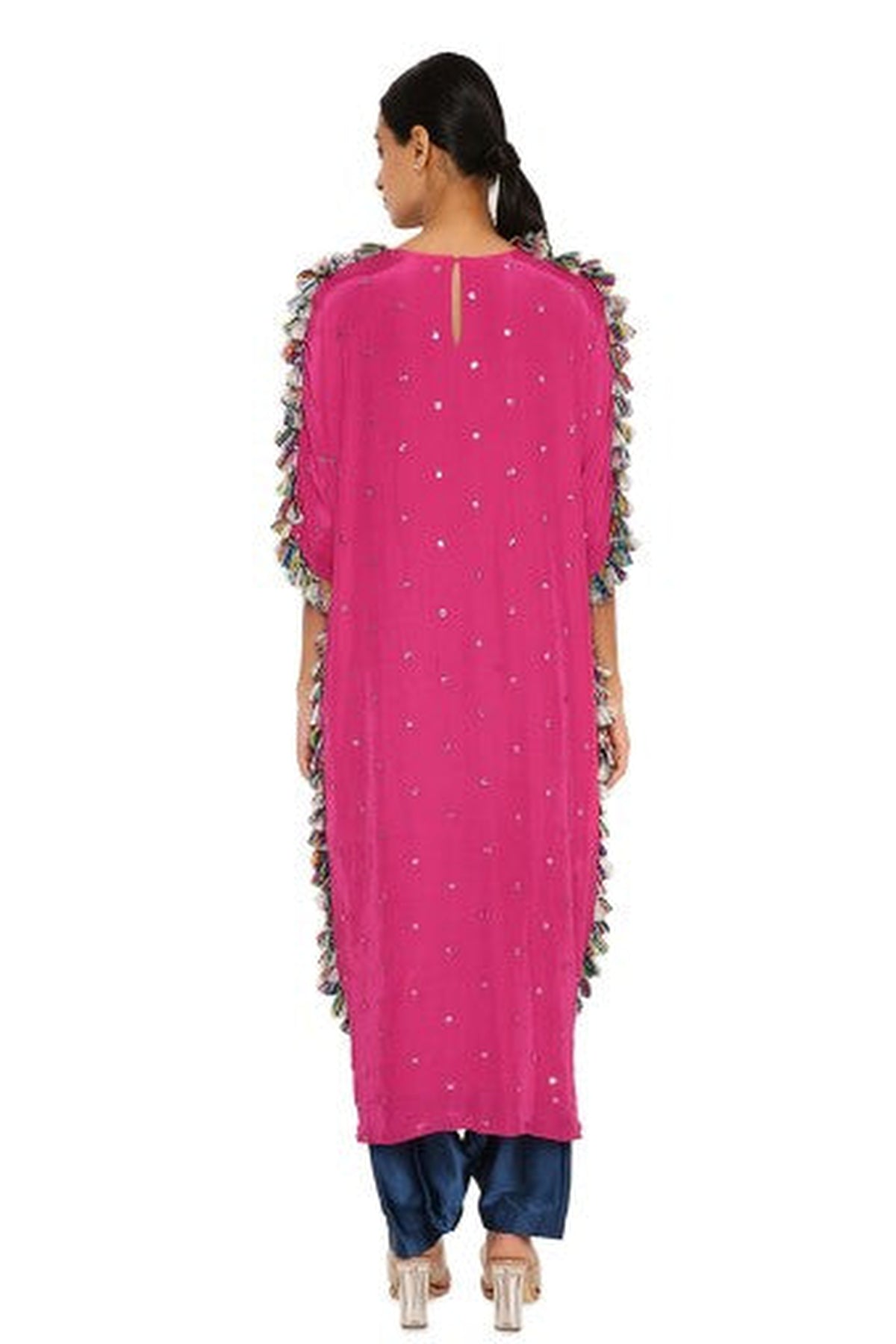 Asta Hot Pink Colour Silk Embroidered High-Low Kaftan With Midnight Blue Colour Salwaar