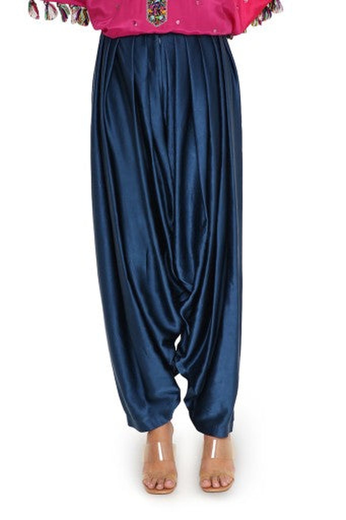Asta Hot Pink Colour Silk Embroidered High-Low Kaftan With Midnight Blue Colour Salwaar