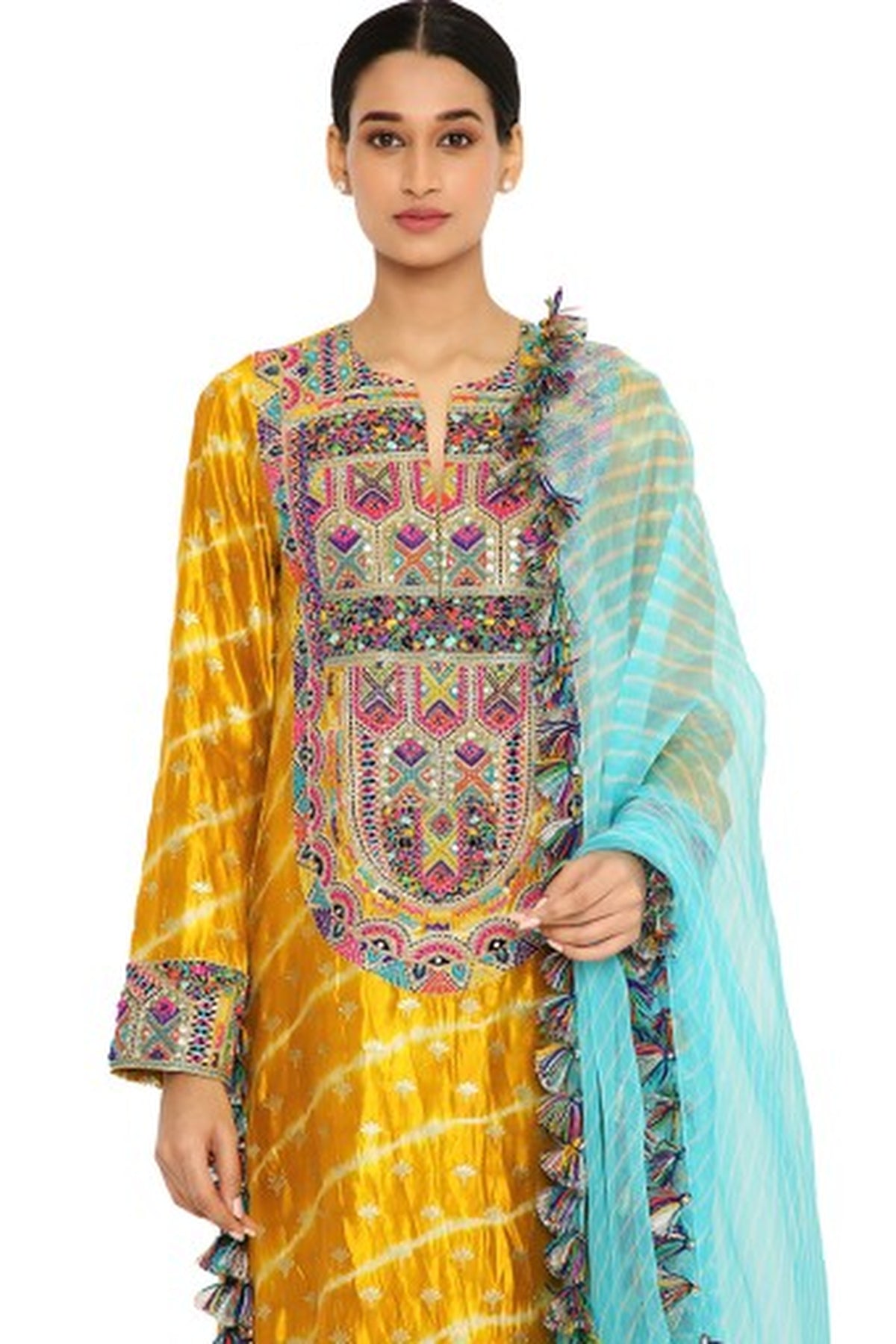 Anansi Mustard Colour Leheriya Silk Embroidered Kurta And Palazzo With Aqua Leheriya Organza Dupatta