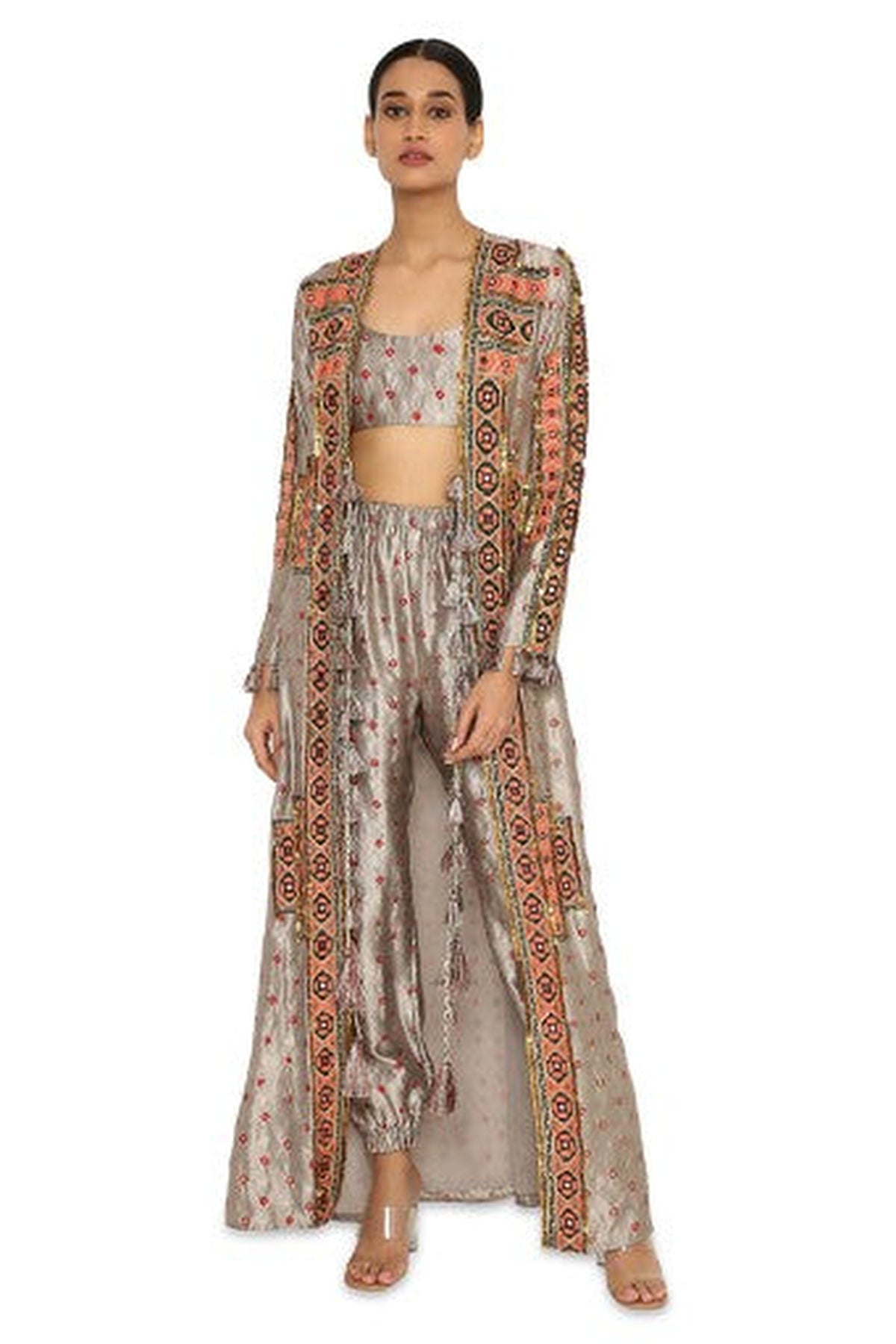 Hana Grey Colour Bandhani Silk Embroidered Jacket With Bustier And Jogger Pants