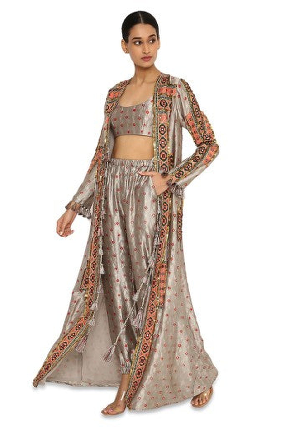 Hana Grey Colour Bandhani Silk Embroidered Jacket With Bustier And Jogger Pants