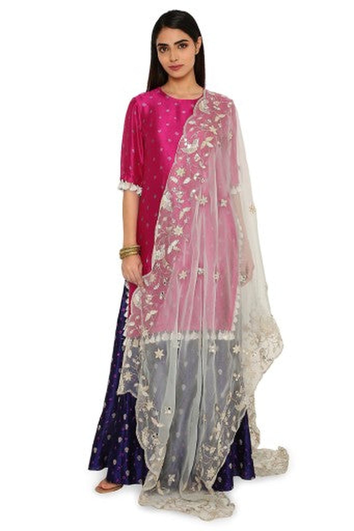 Seyah Pink Colour Bandhani Silk Kurta With Cobalt Blue Bandhani Silk Sharara And Powder Blue Embroidered Organza Dupatta