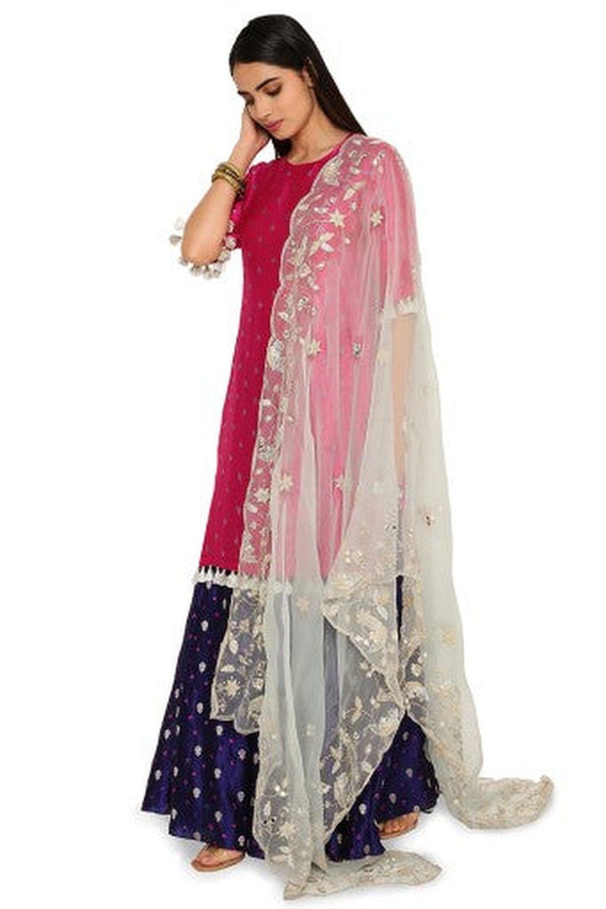 Seyah Pink Colour Bandhani Silk Kurta With Cobalt Blue Bandhani Silk Sharara And Powder Blue Embroidered Organza Dupatta