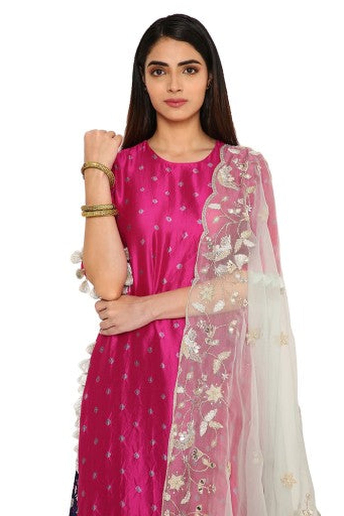 Seyah Pink Colour Bandhani Silk Kurta With Cobalt Blue Bandhani Silk Sharara And Powder Blue Embroidered Organza Dupatta
