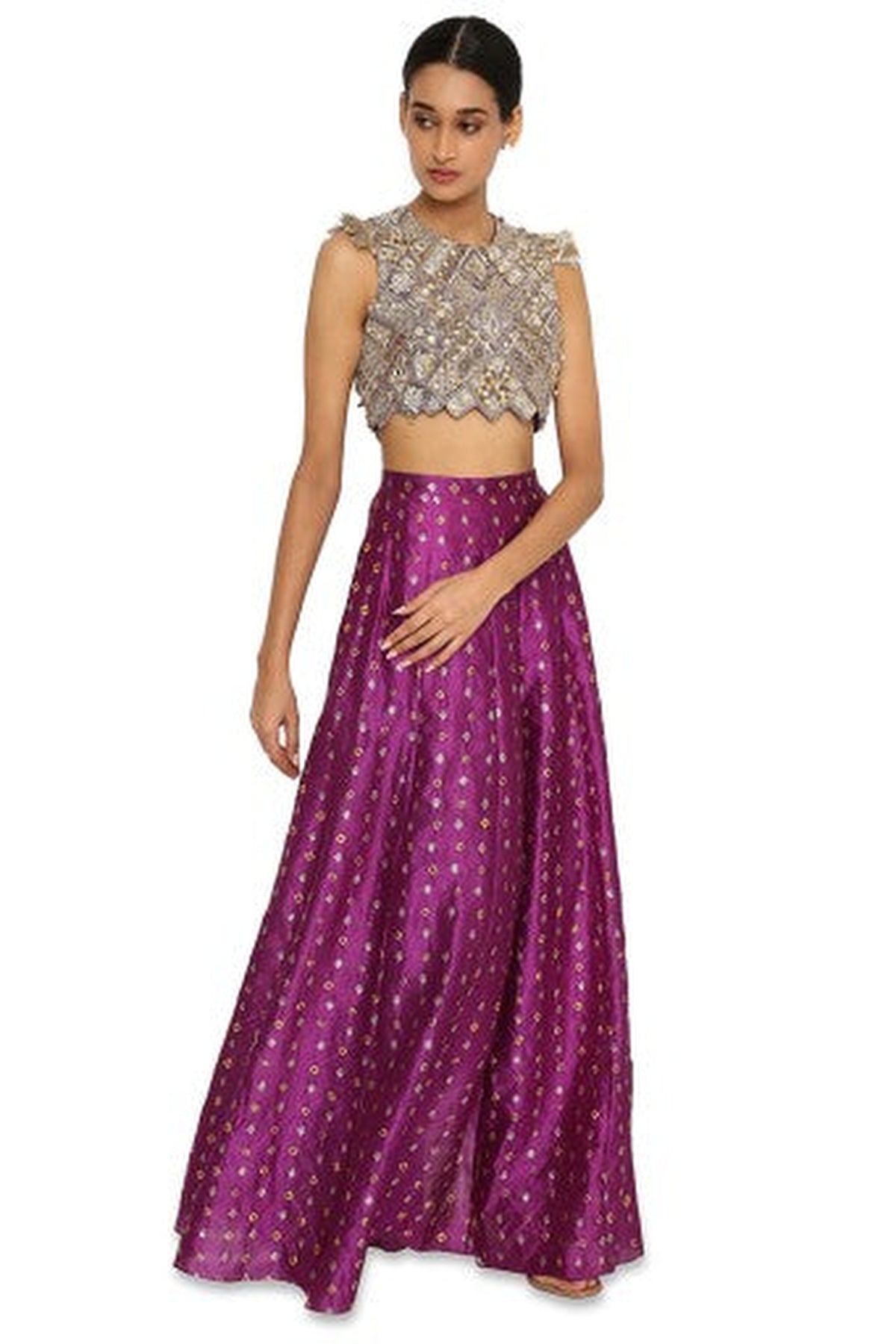 Belle Purple Colour Georgette Embroidered Choli With Purple Bandhani Skirt And Onion Pink Colour Bandhani Low Crotch Pants