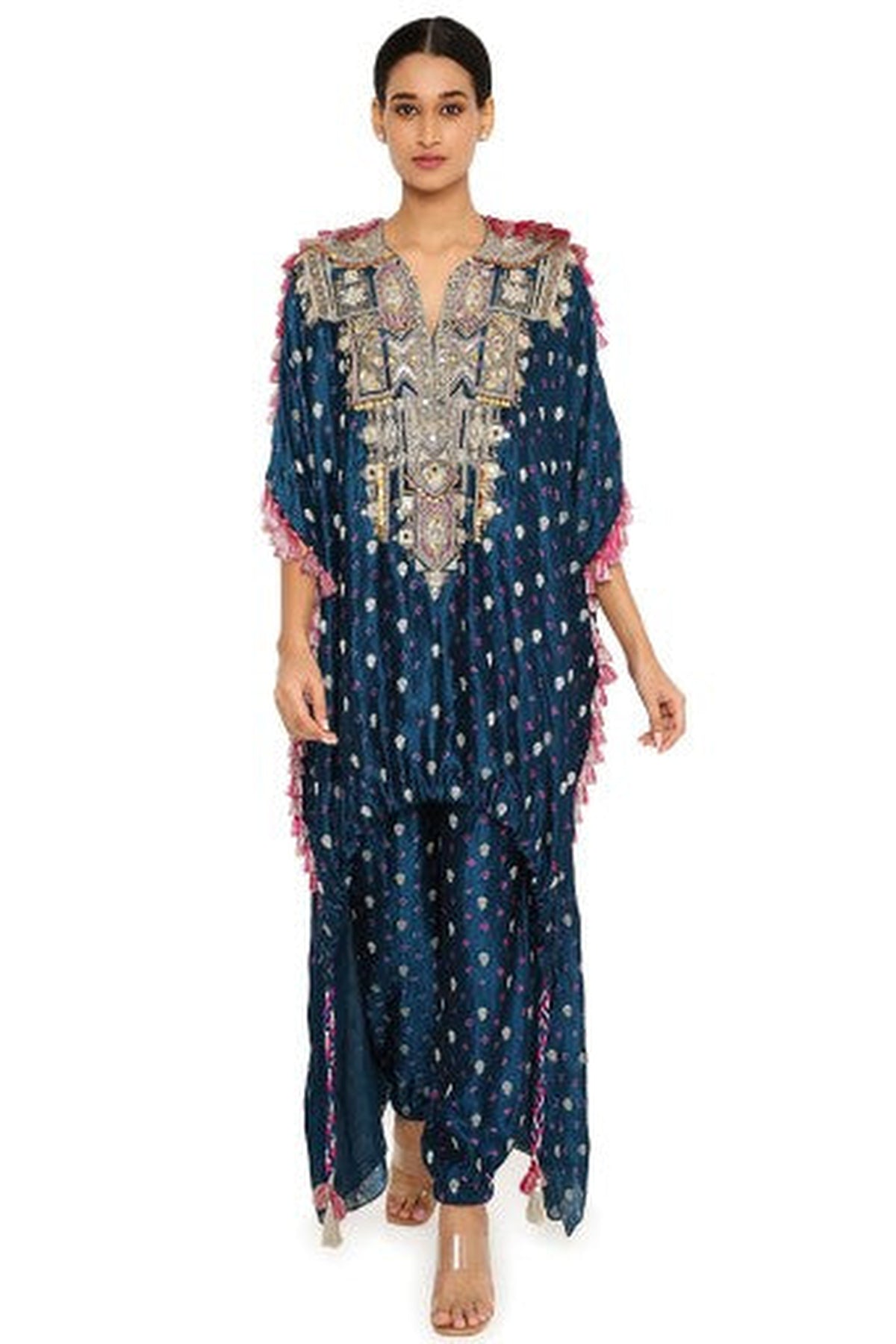Selima Midnight Blue Colour Bandhani Silk Embroidered High Low Kurta With Jogger Pants