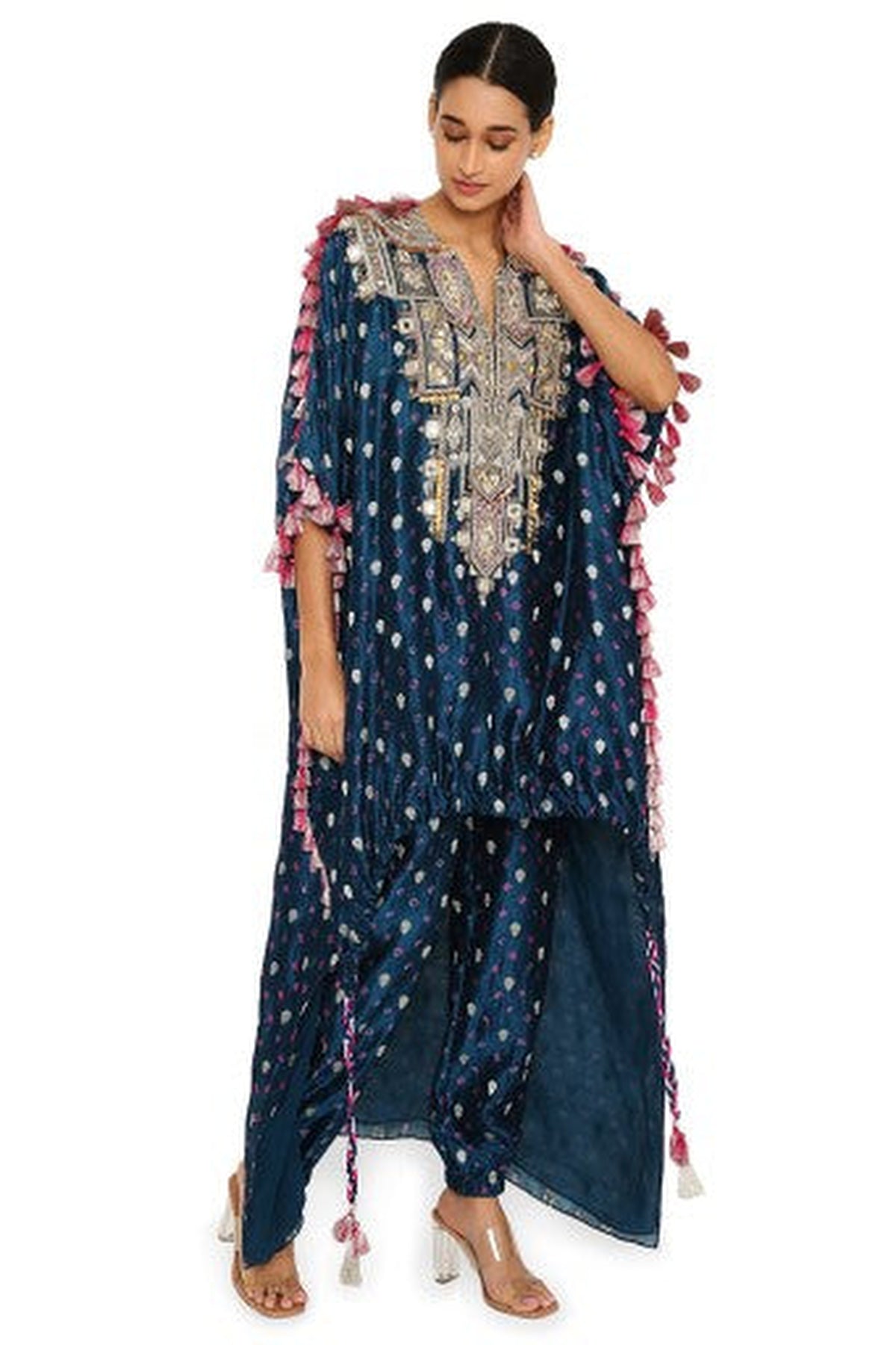 Selima Midnight Blue Colour Bandhani Silk Embroidered High Low Kurta With Jogger Pants