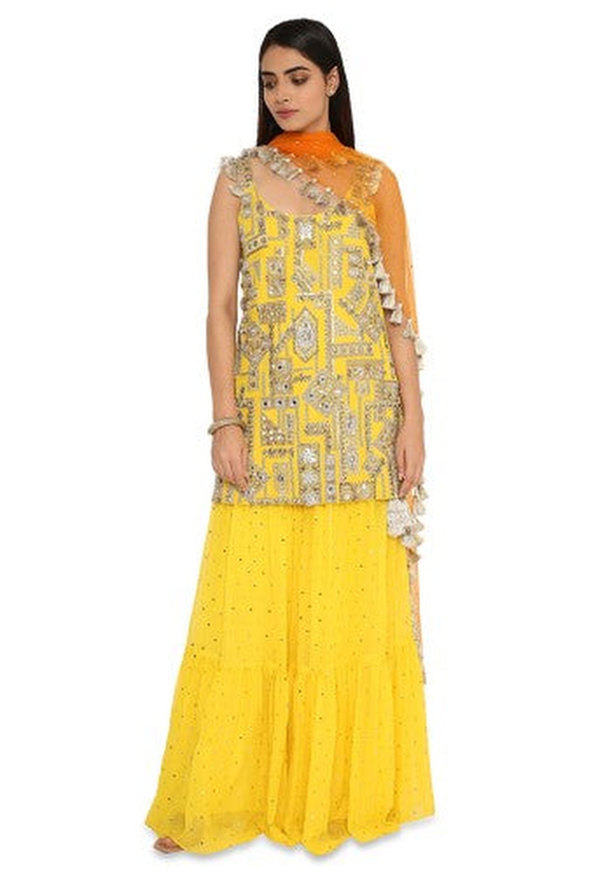 Banuka Yellow Colour Georgette Embroidered Kurta With Georgette Sharara And Net Dupatta