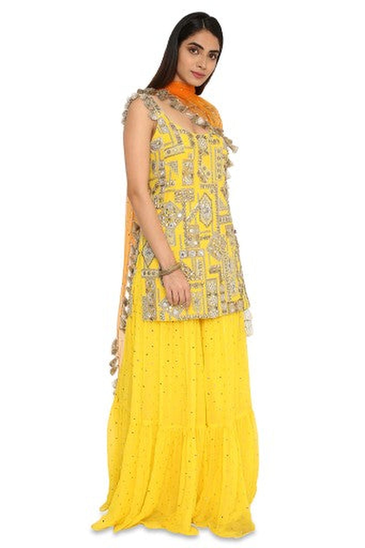 Banuka Yellow Colour Georgette Embroidered Kurta With Georgette Sharara And Net Dupatta