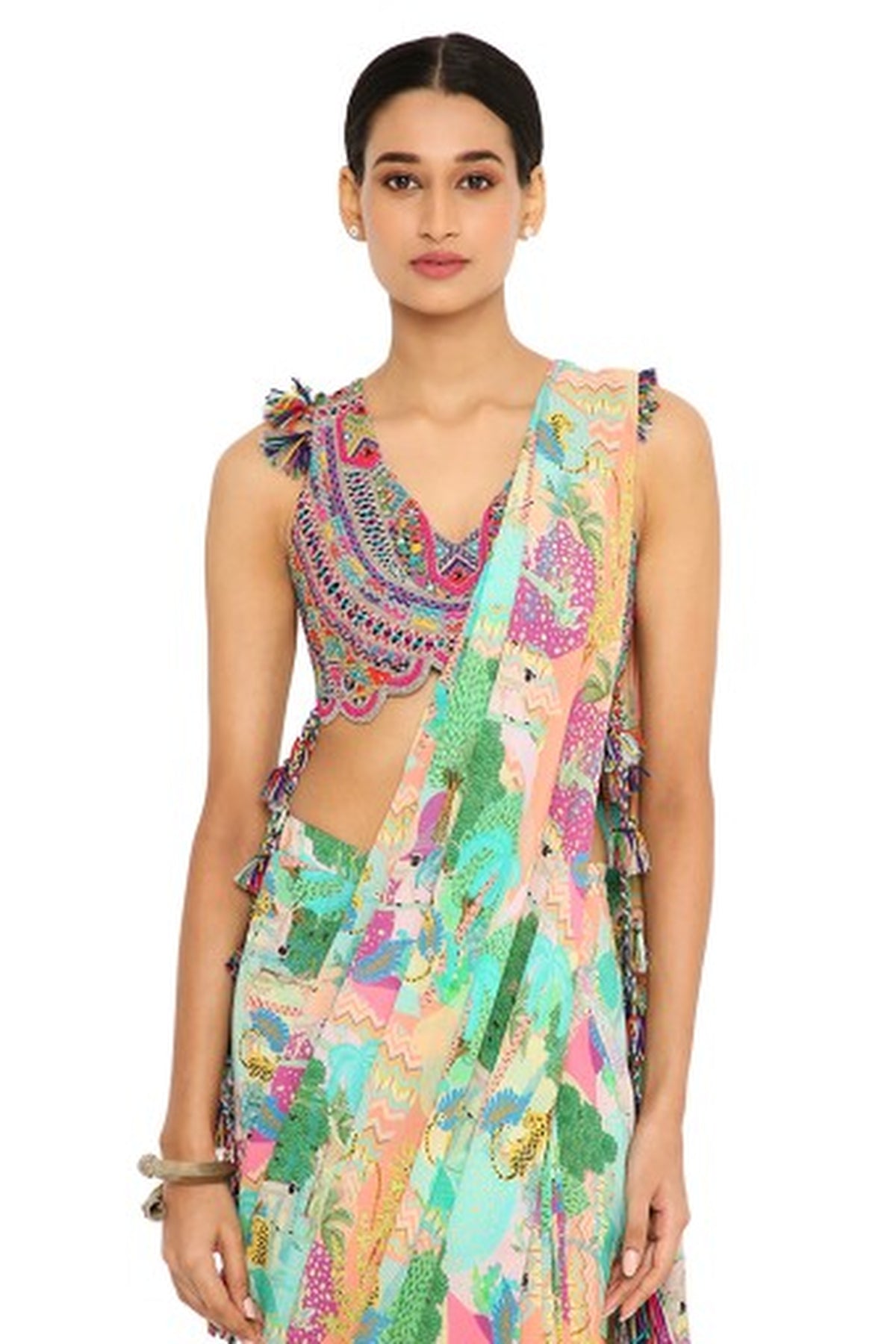 Akhira Grey Colour Embroidered Choli With Peach Kuno Print Georgette Pre-Stitched Saree