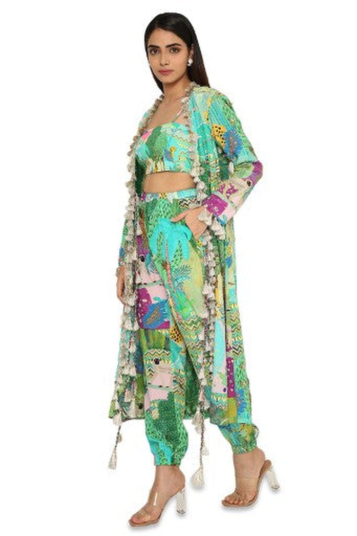Insha Kuno Print Crepe Embroidered Jacket With Bustier And Jogger Pants