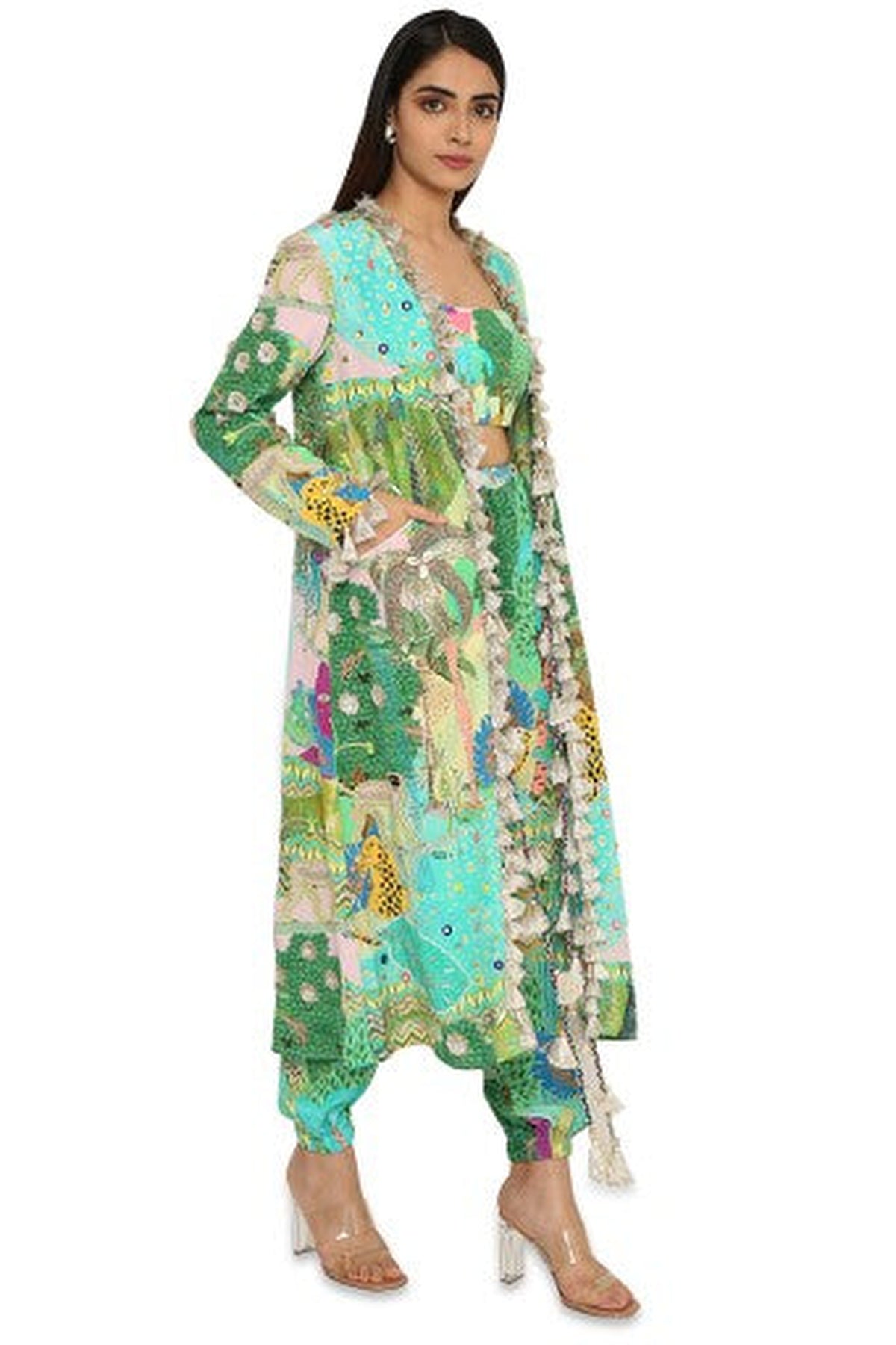 Insha Kuno Print Crepe Embroidered Jacket With Bustier And Jogger Pants