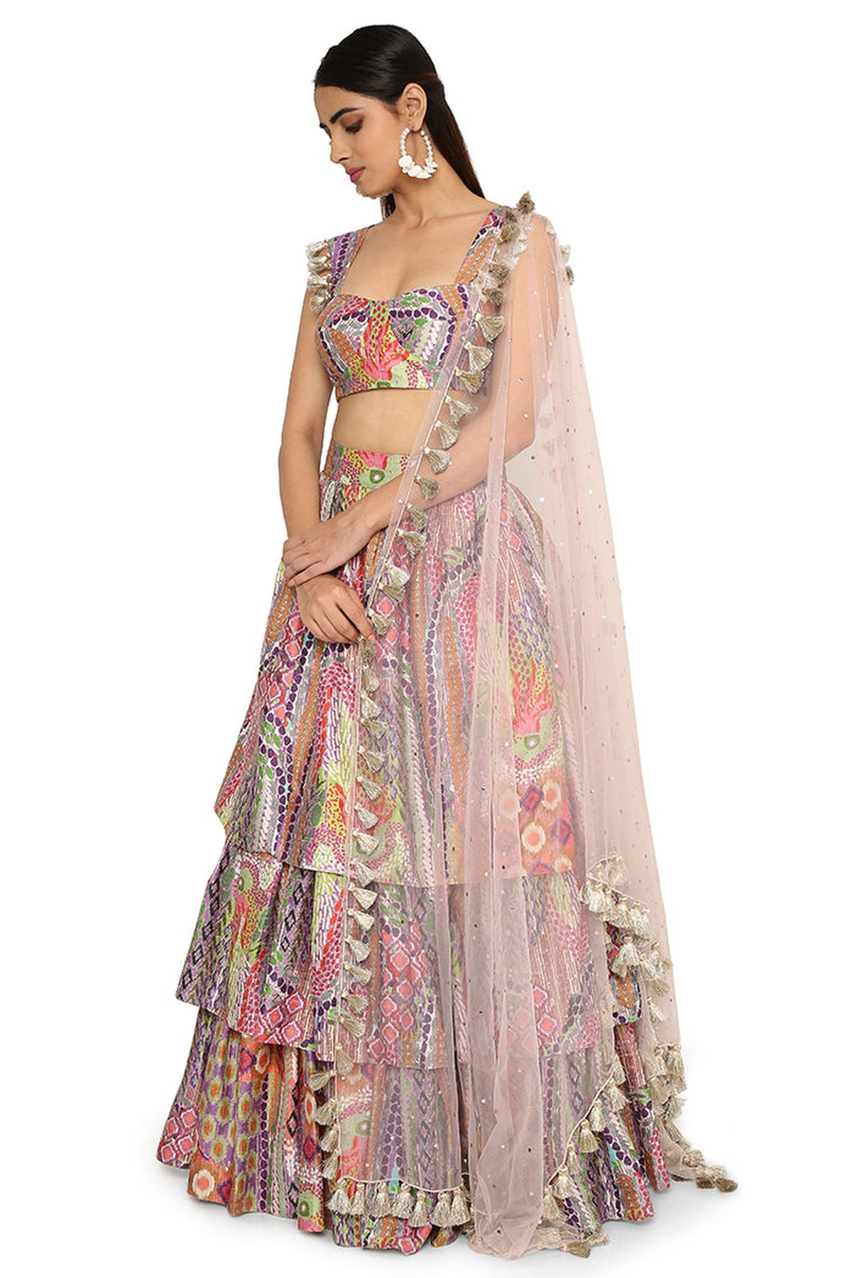 Zoha African Print Dupion Silk Bustier And Ruffled Skirt With Baby Pink Net Dupatta